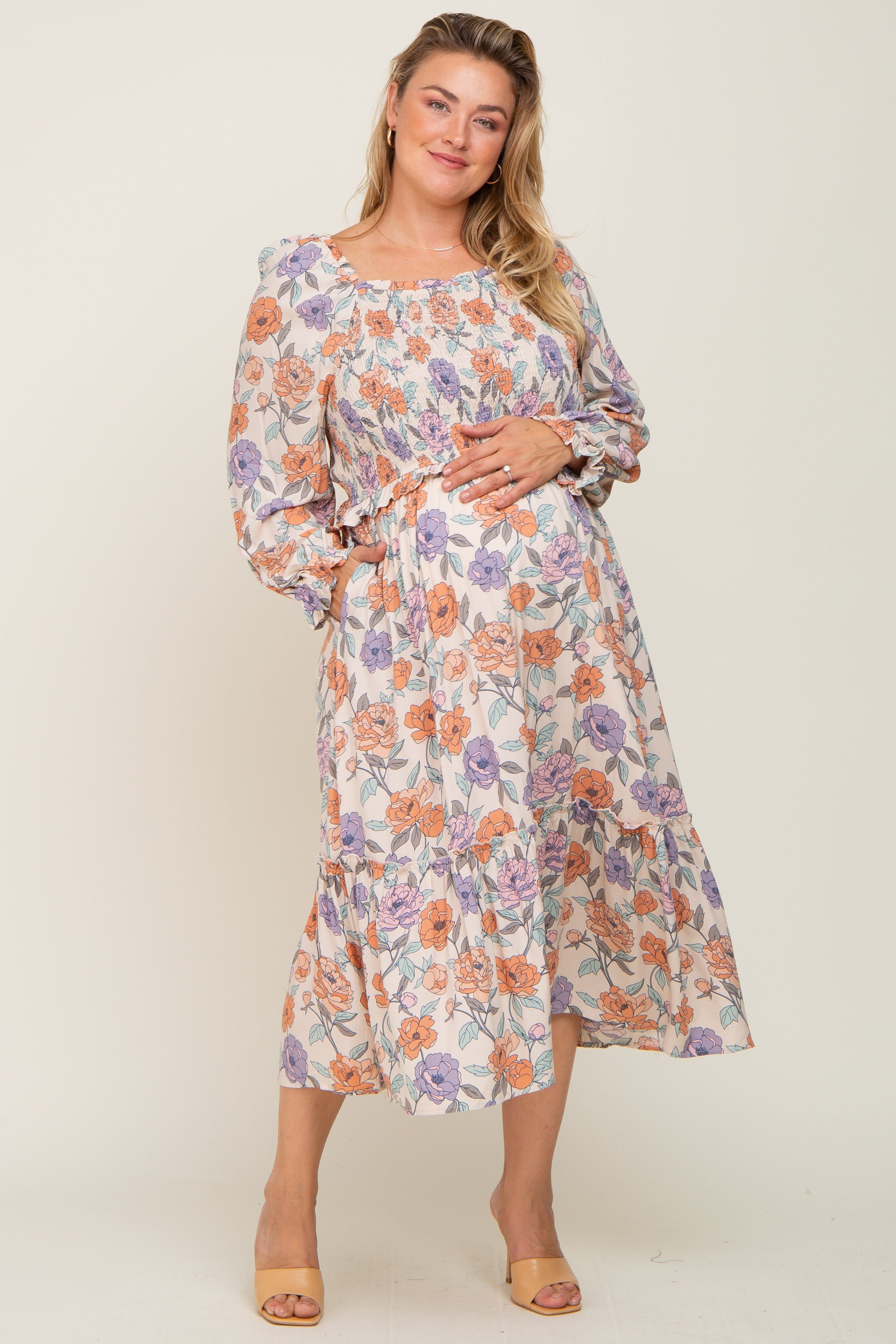 Taupe Multi-Color Floral Plus Maternity Midi Dress sold by Pinkblush product image thumbnail 4