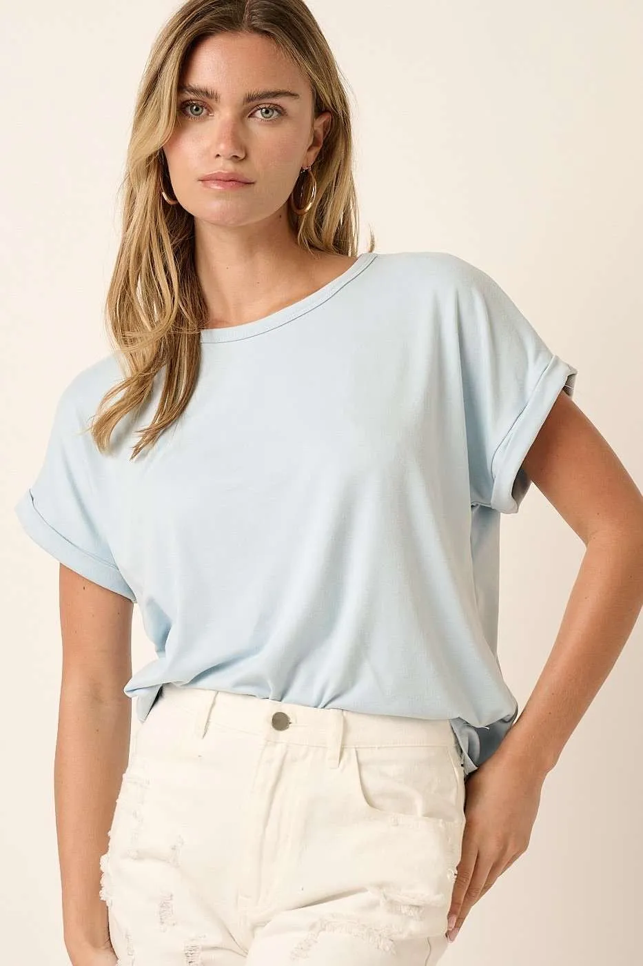 Light Blue Rolled Cuff Short Sleeve Top sold by Pinkblush
