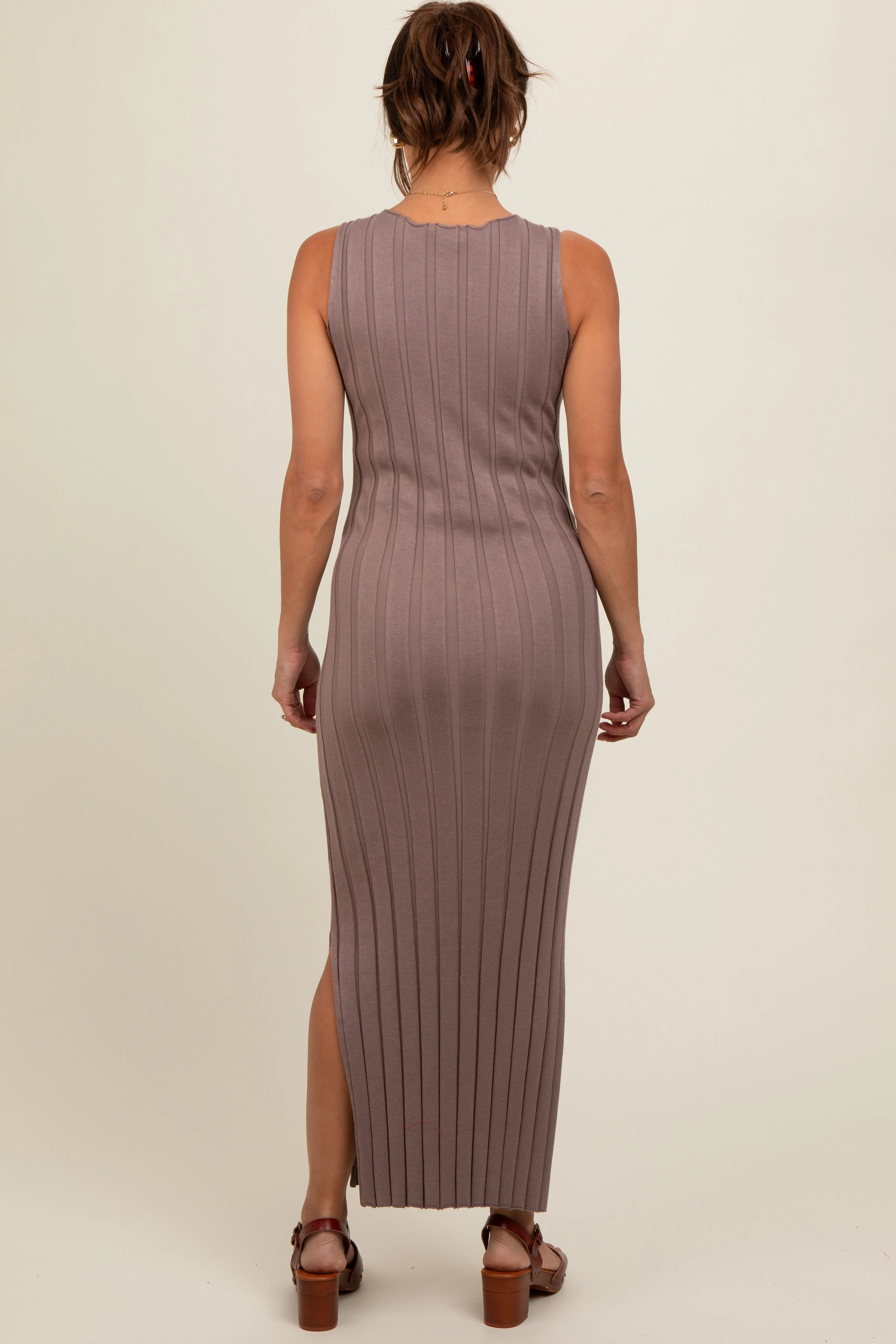 Taupe Sleeveless Knit Side Slit Maternity Midi Dress sold by Pinkblush product image thumbnail 4