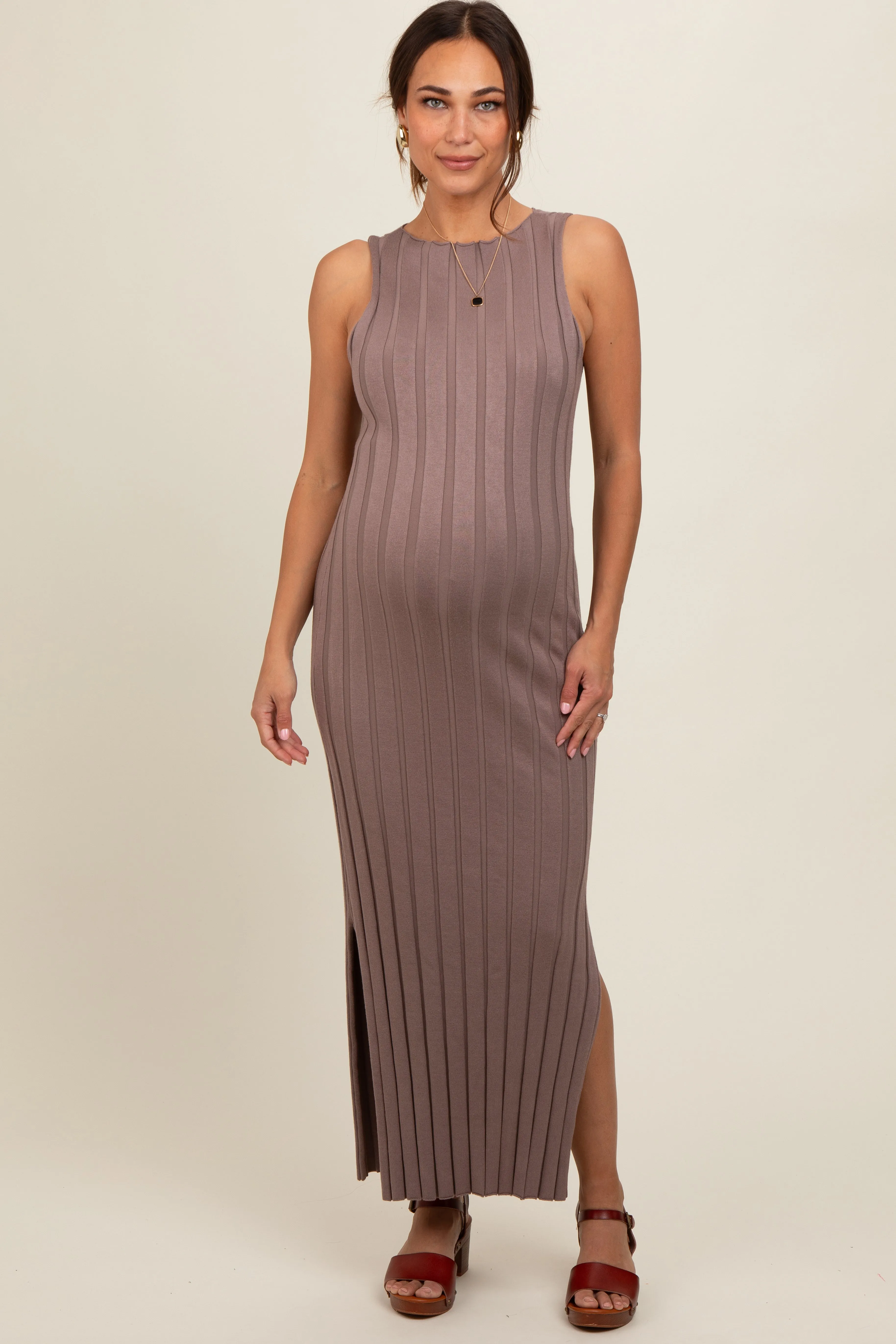 Taupe Sleeveless Knit Side Slit Maternity Midi Dress sold by Pinkblush