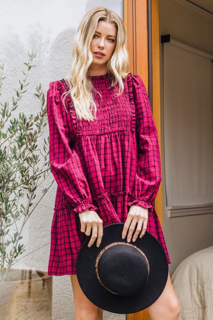 Berry Plaid Babydoll Mini Dress sold by Pinkblush product image thumbnail 2