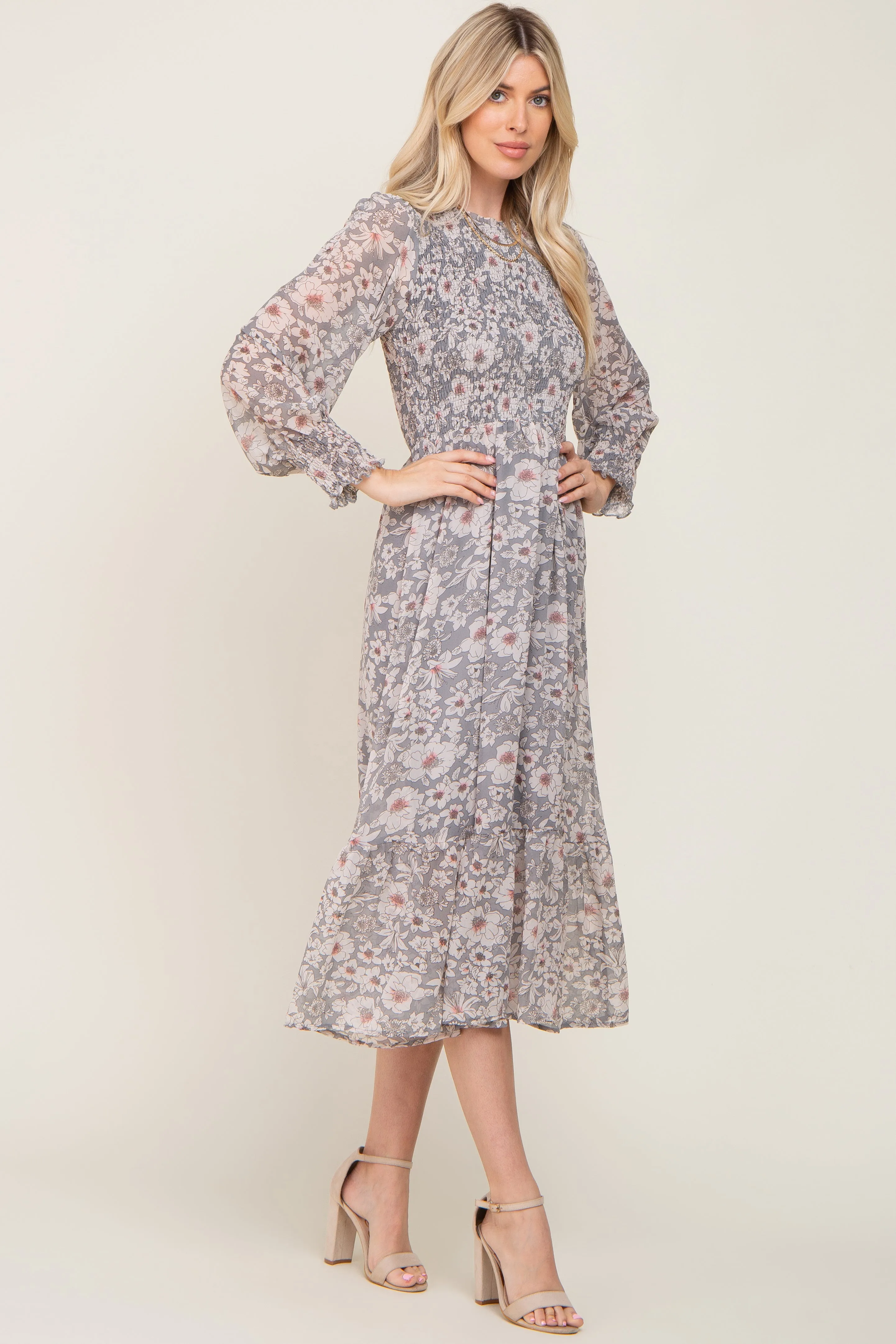 Grey Floral Smocked Long Sleeve Maxi Dress sold by Pinkblush product image thumbnail 2