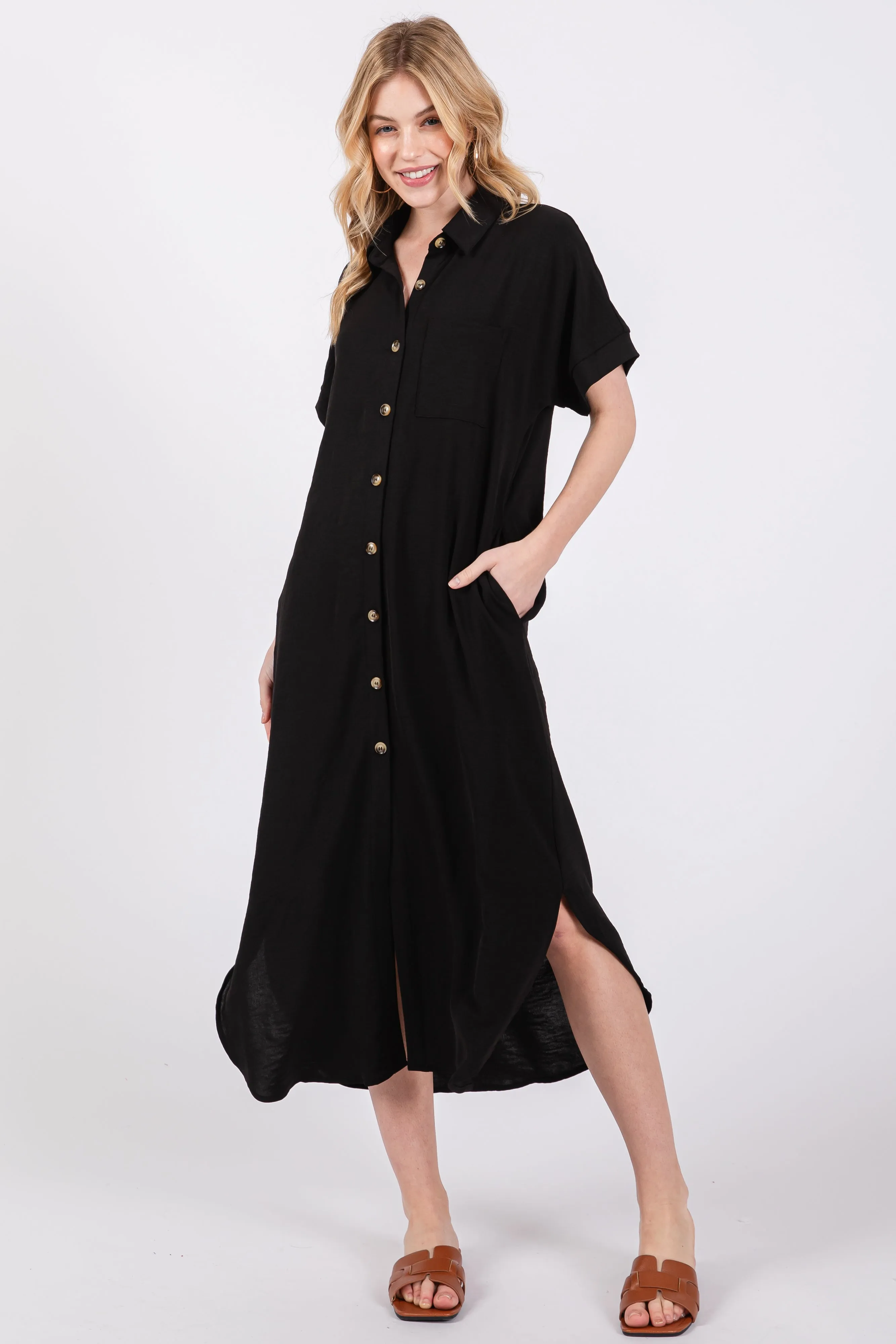 Black Button Down Front Pocket Maternity Midi Dress sold by Pinkblush product image thumbnail 5