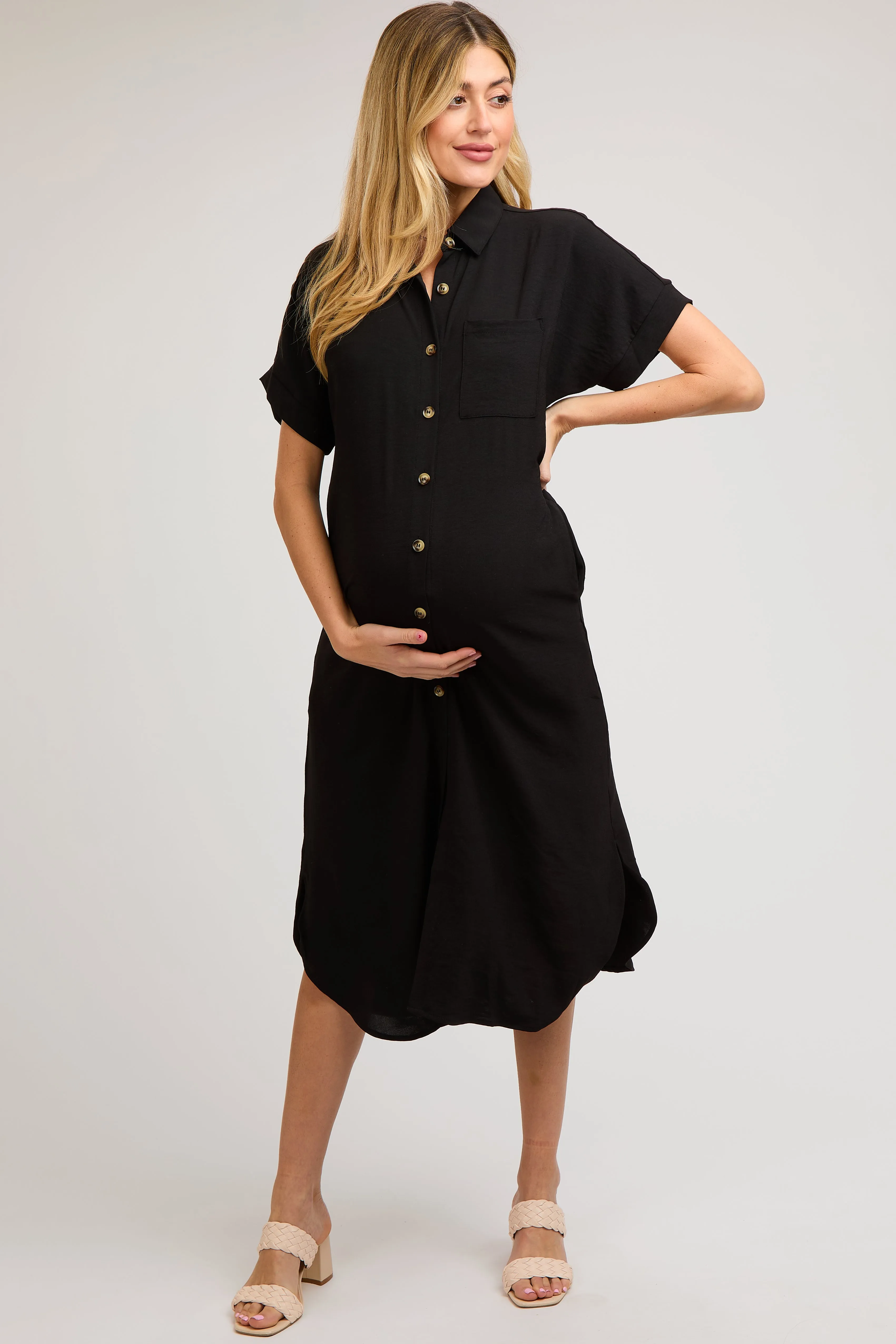 Black Button Down Front Pocket Maternity Midi Dress sold by Pinkblush product image thumbnail 2