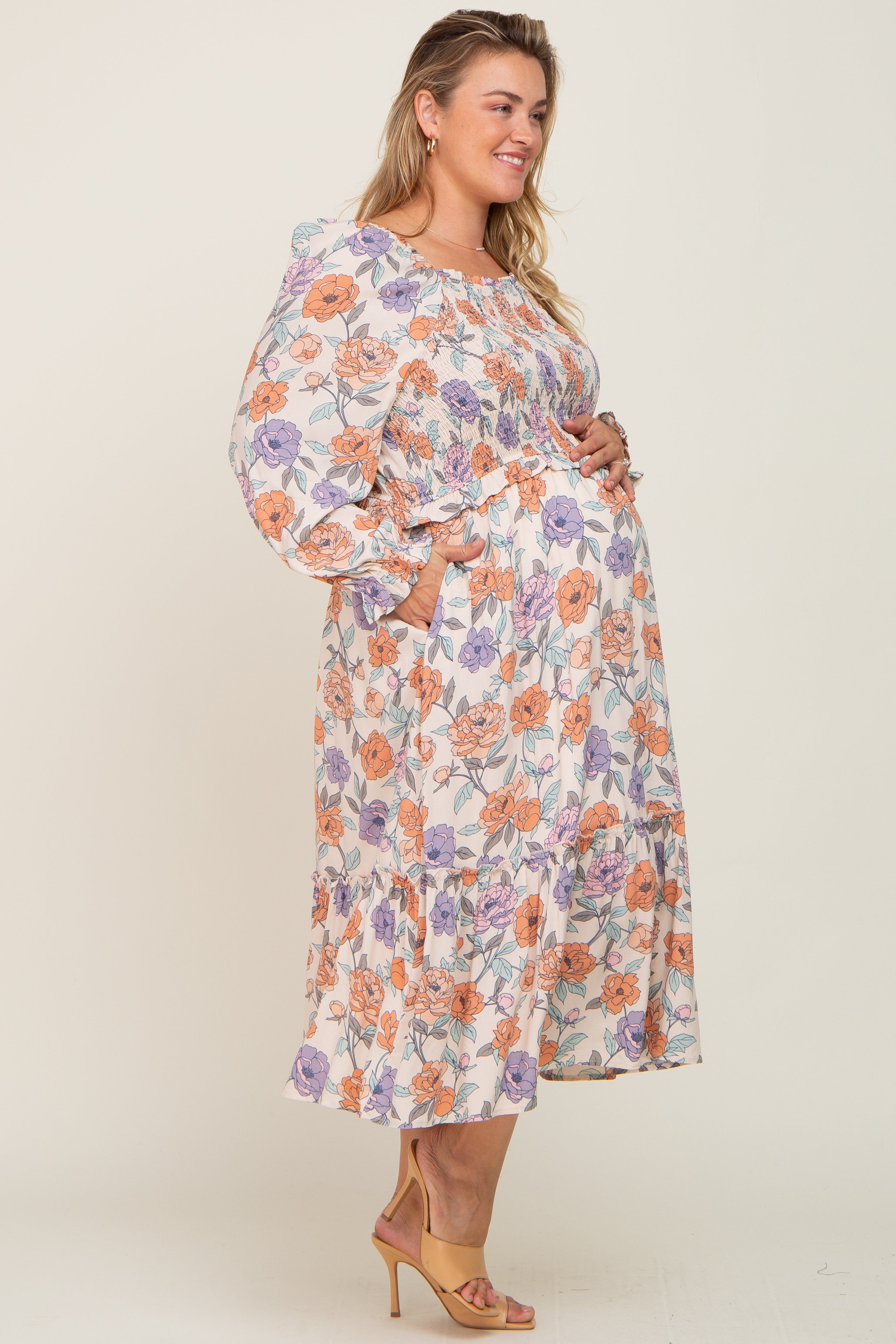 Taupe Multi-Color Floral Plus Maternity Midi Dress sold by Pinkblush product image thumbnail 2
