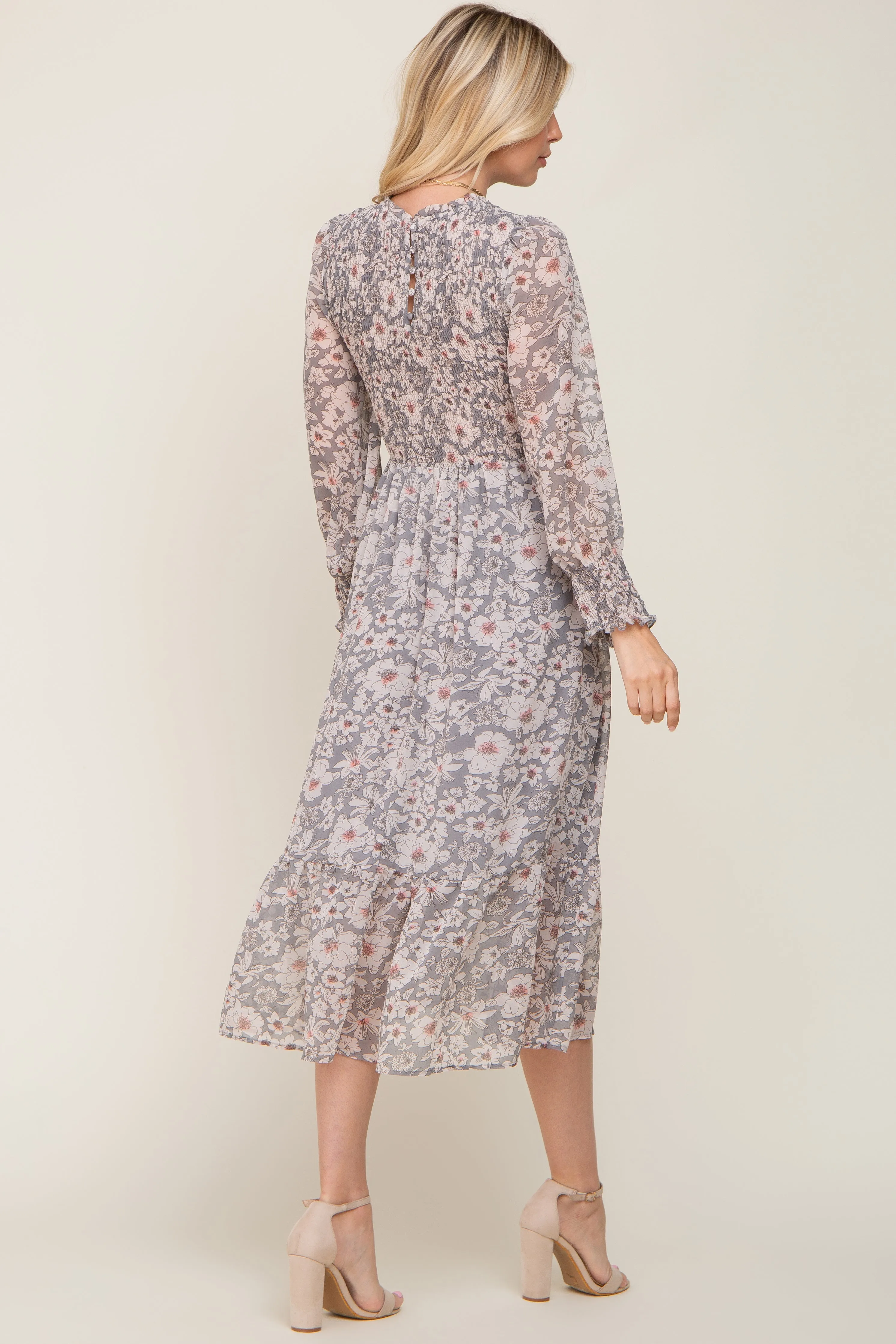 Grey Floral Smocked Long Sleeve Maxi Dress sold by Pinkblush product image thumbnail 3