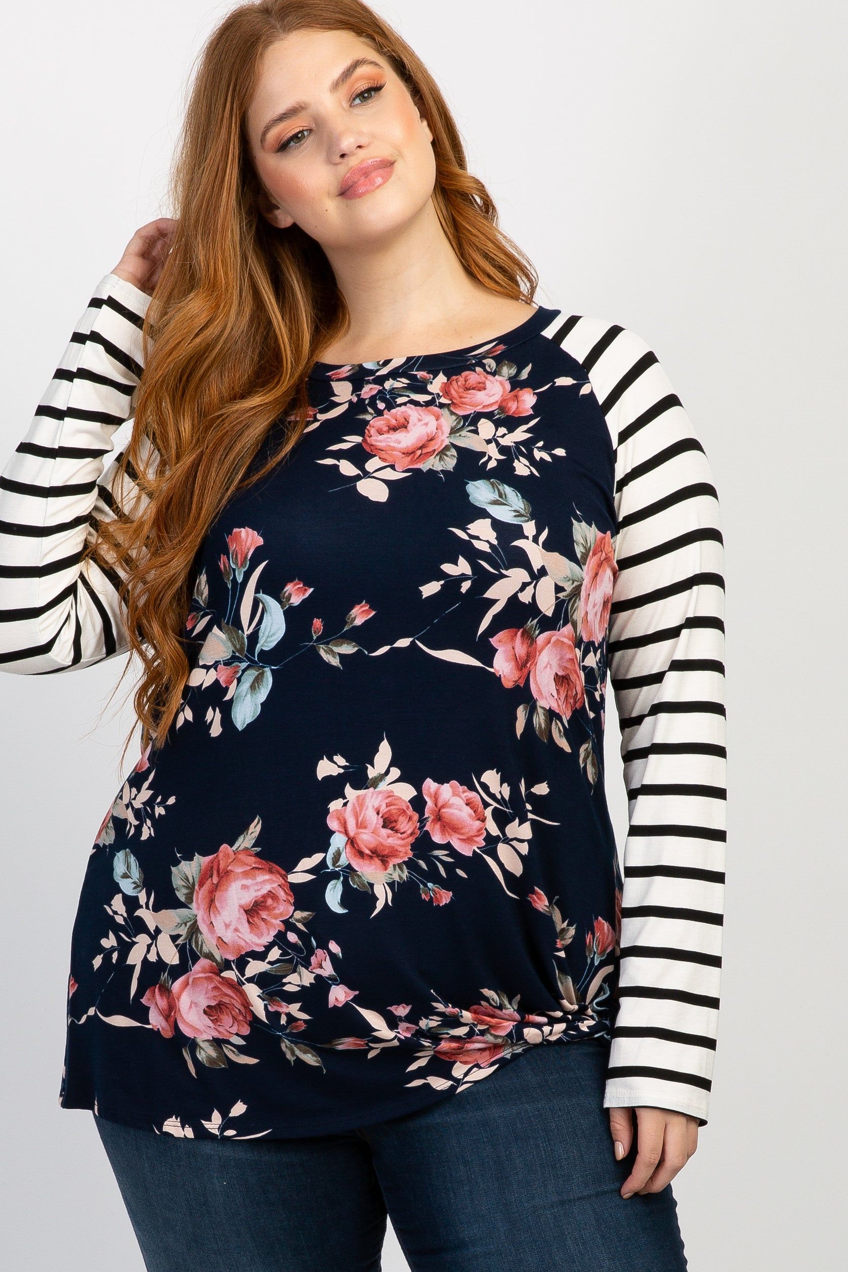 Navy Blue Floral Striped Sleeve Knot Plus Top sold by Pinkblush product image thumbnail 3