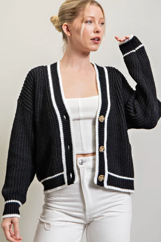 Black Contrast Knit Cardigan sold by Pinkblush