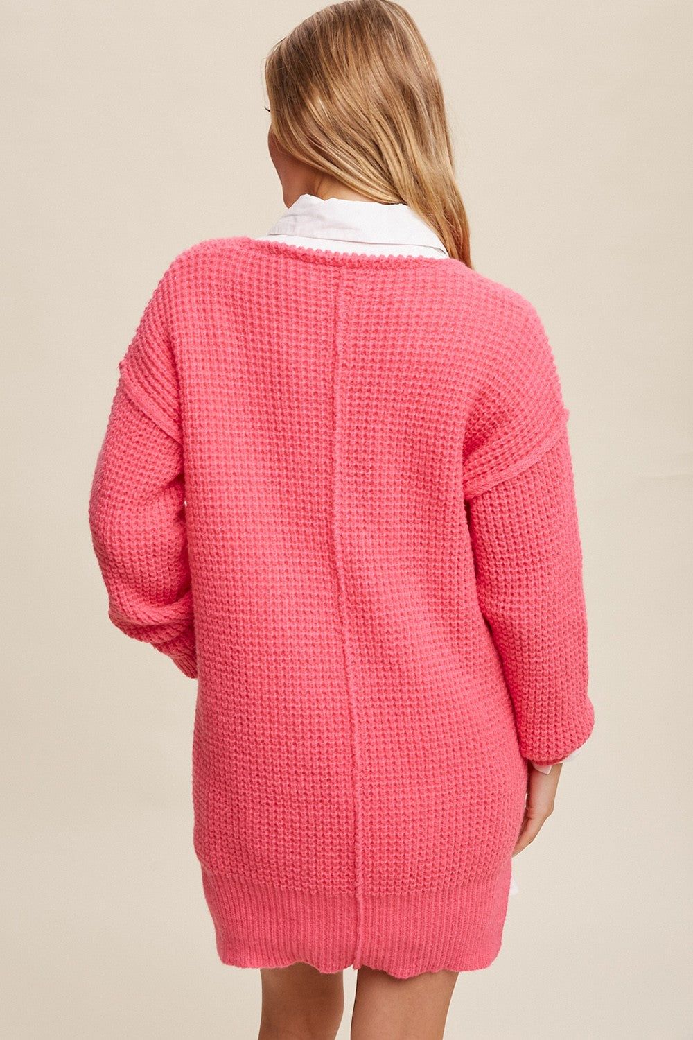 Fuchsia Chunky Knit V-Neck Side Slit Long Sweater sold by Pinkblush product image thumbnail 4