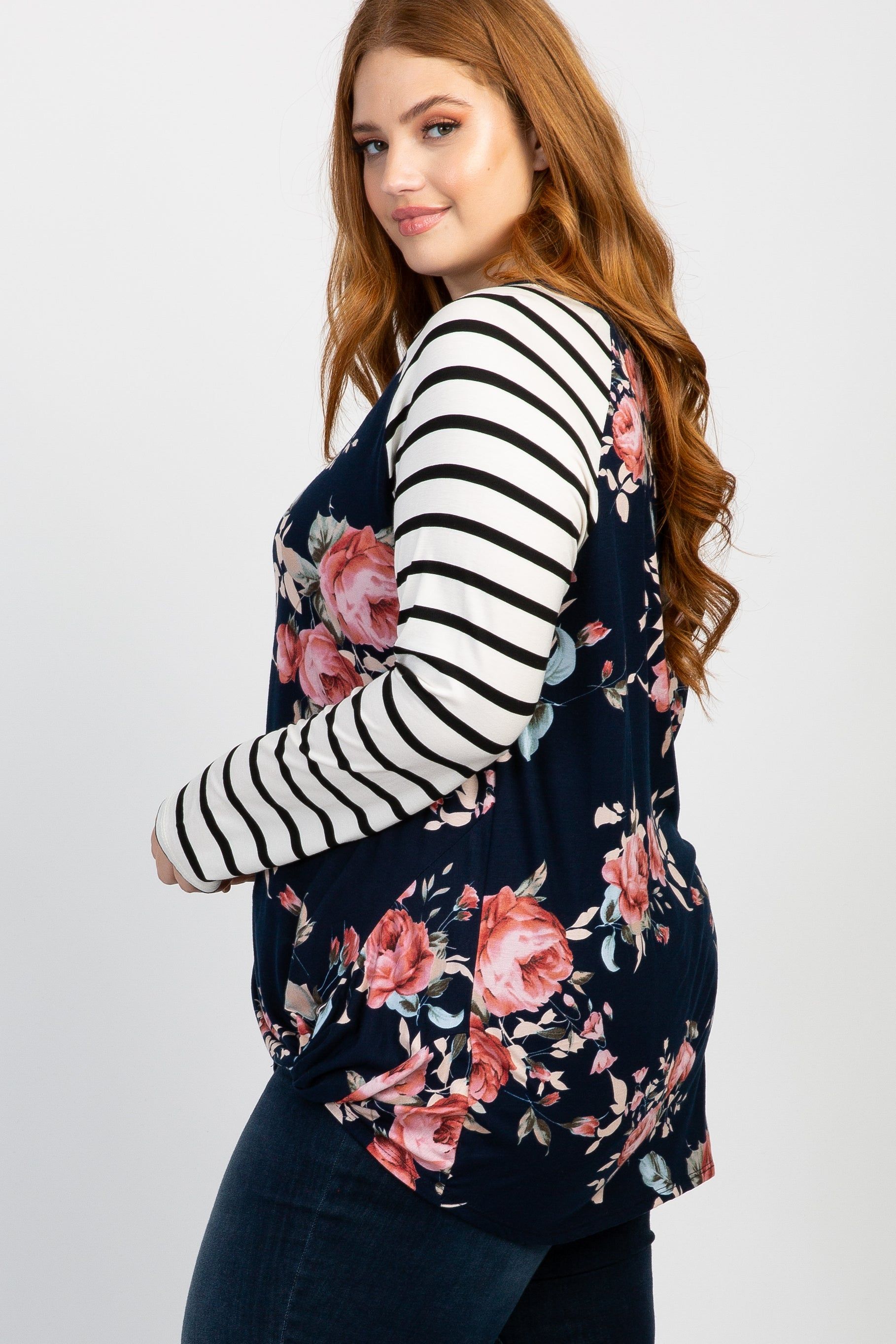 Navy Blue Floral Striped Sleeve Knot Plus Top sold by Pinkblush product image thumbnail 4