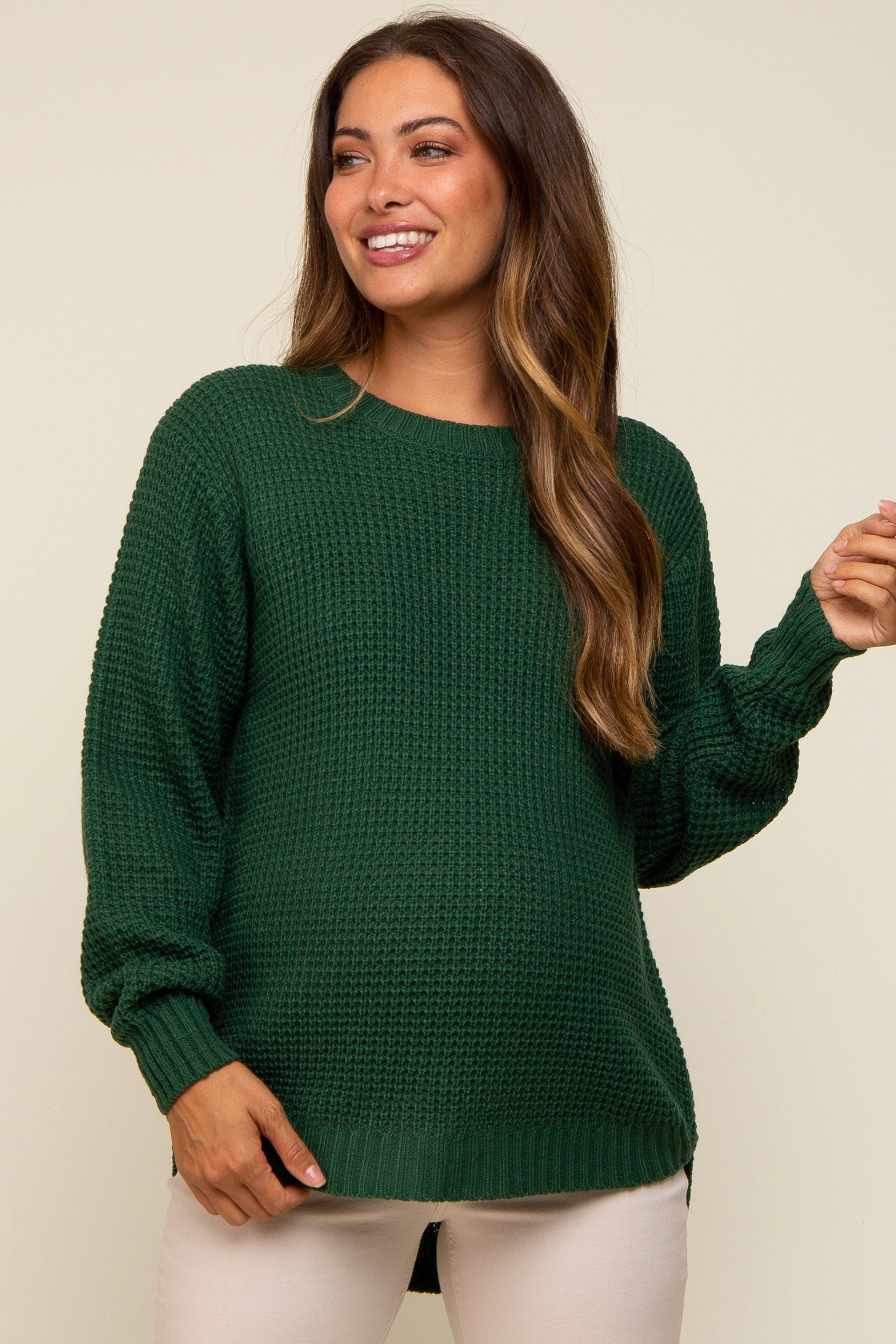 Green Waffle Knit Round Hem Maternity Sweater sold by Pinkblush