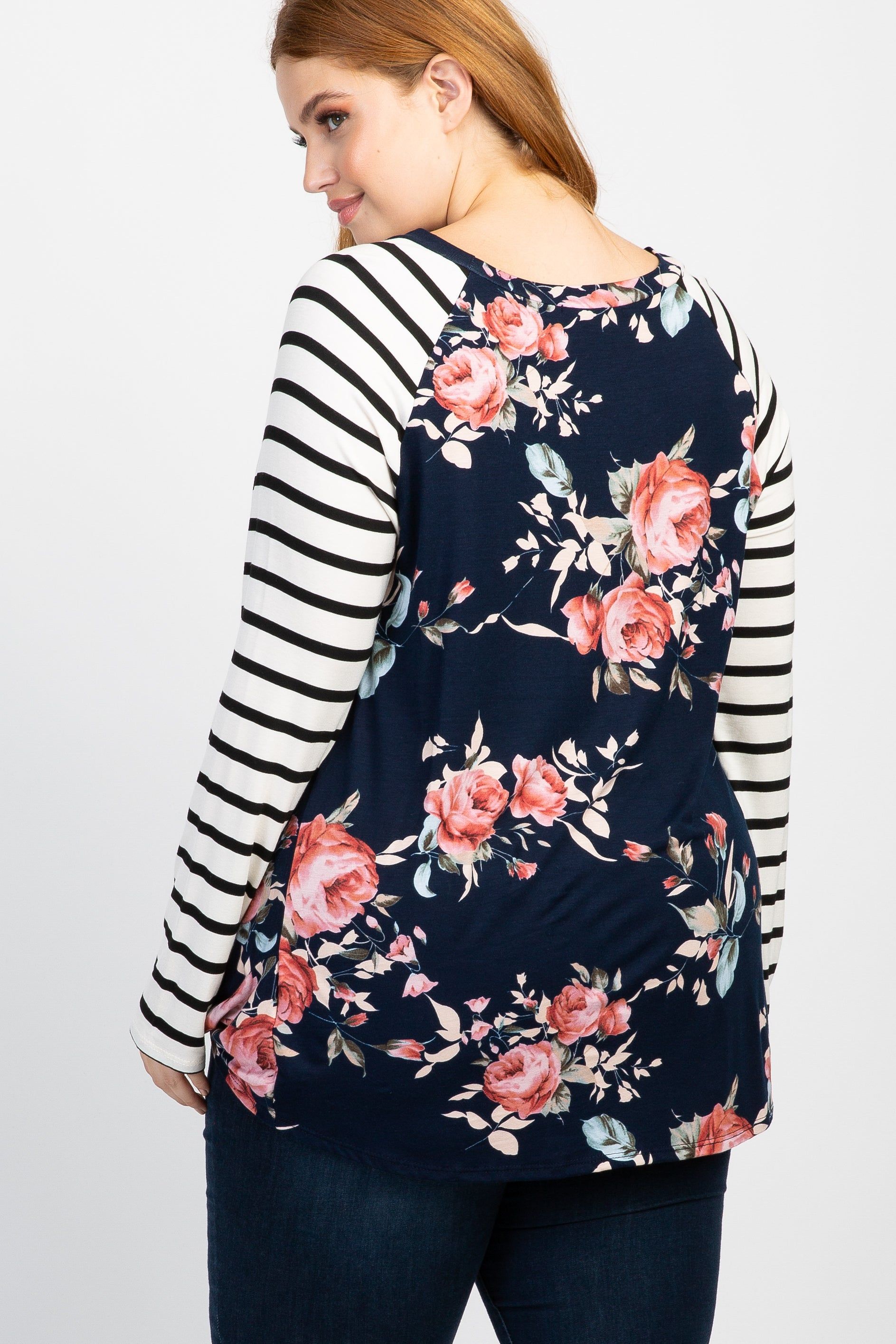 Navy Blue Floral Striped Sleeve Knot Plus Top sold by Pinkblush product image thumbnail 5