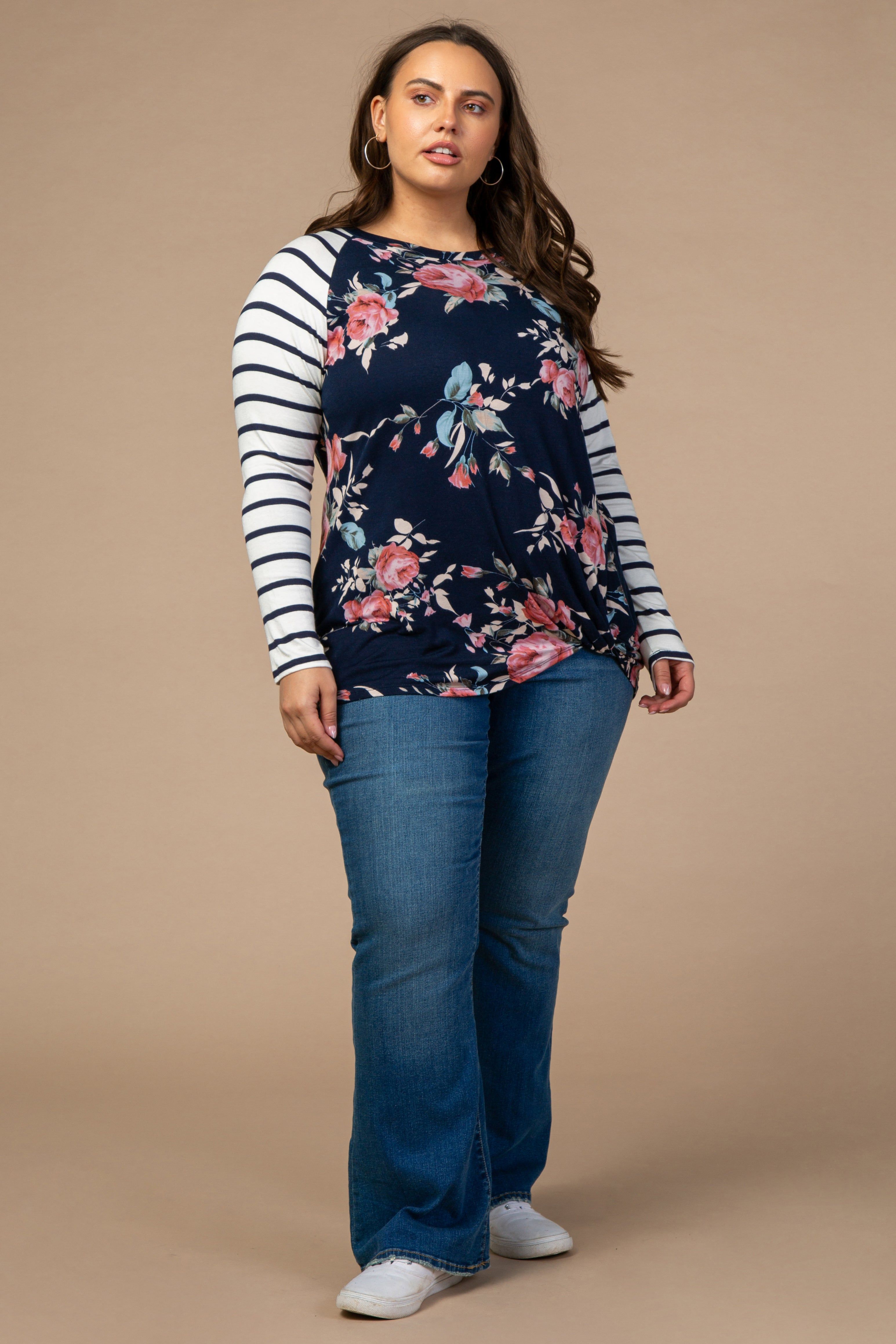 Navy Blue Floral Striped Sleeve Knot Plus Top sold by Pinkblush product image thumbnail 2