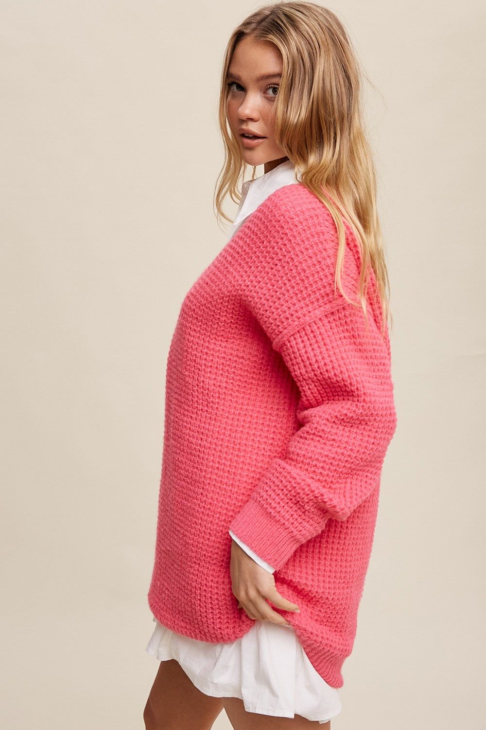 Fuchsia Chunky Knit V-Neck Side Slit Long Sweater sold by Pinkblush product image thumbnail 3