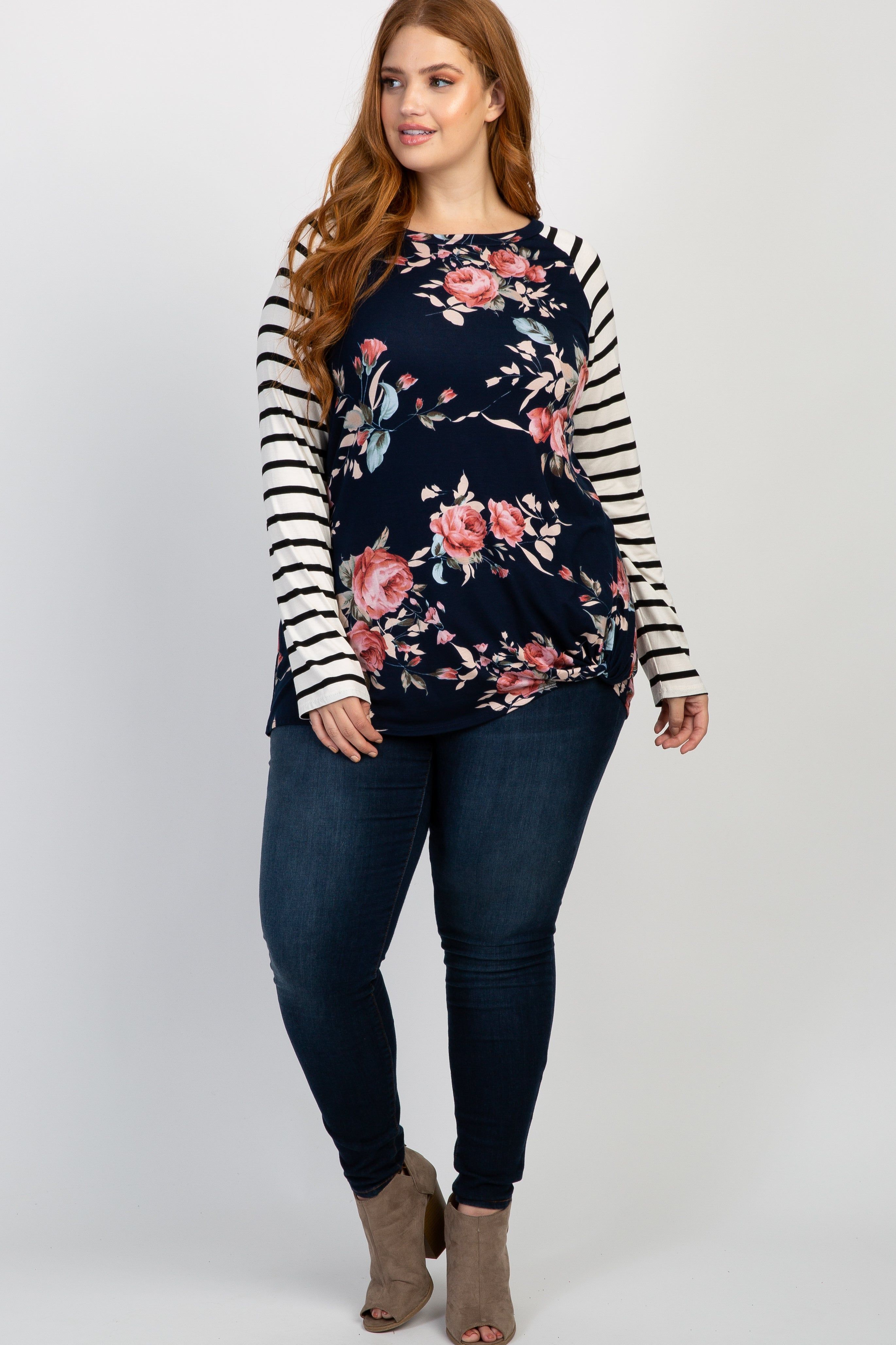 Navy Blue Floral Striped Sleeve Knot Plus Top sold by Pinkblush product image thumbnail 6