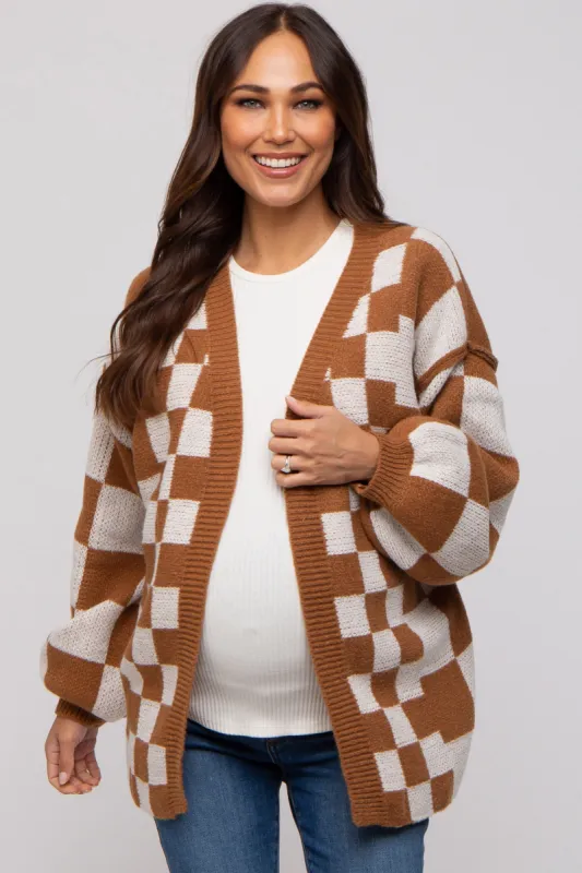 Camel Checkered Maternity Sweater sold by Pinkblush