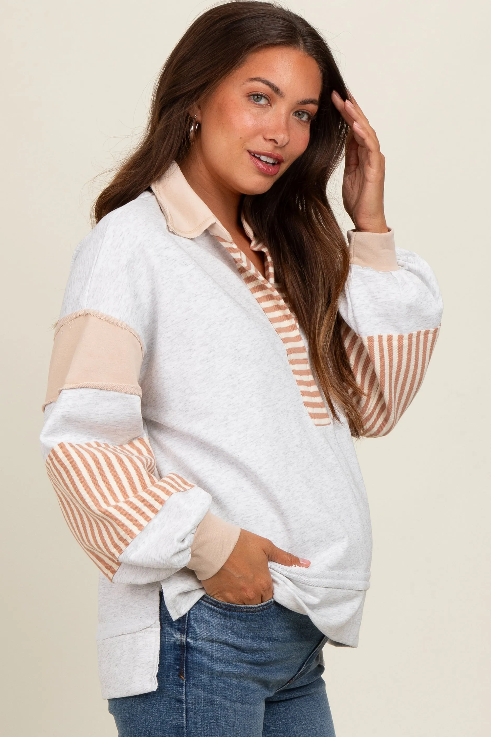 Heather Grey Colorblock Striped Maternity Long Sleeve Top sold by Pinkblush product image thumbnail 2