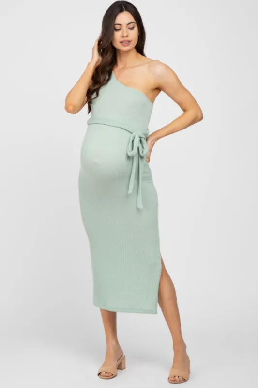 Mint Green Ribbed One Shoulder Side Slit Maternity Midi Dress sold by Pinkblush