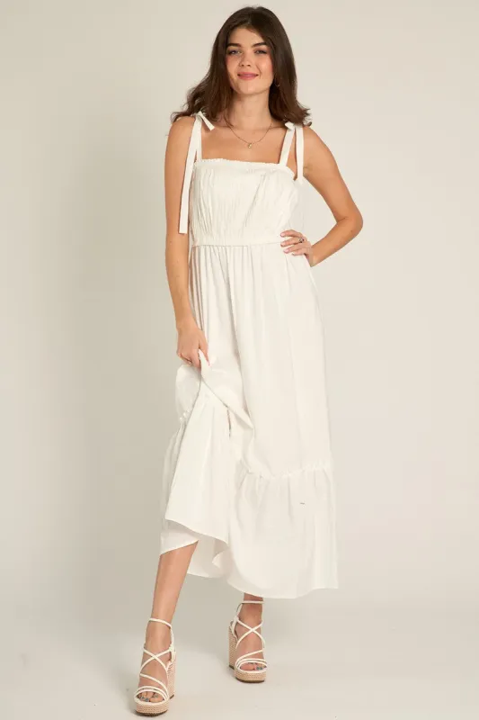 White Pleated Shoulder Tie Midi Dress sold by Pinkblush