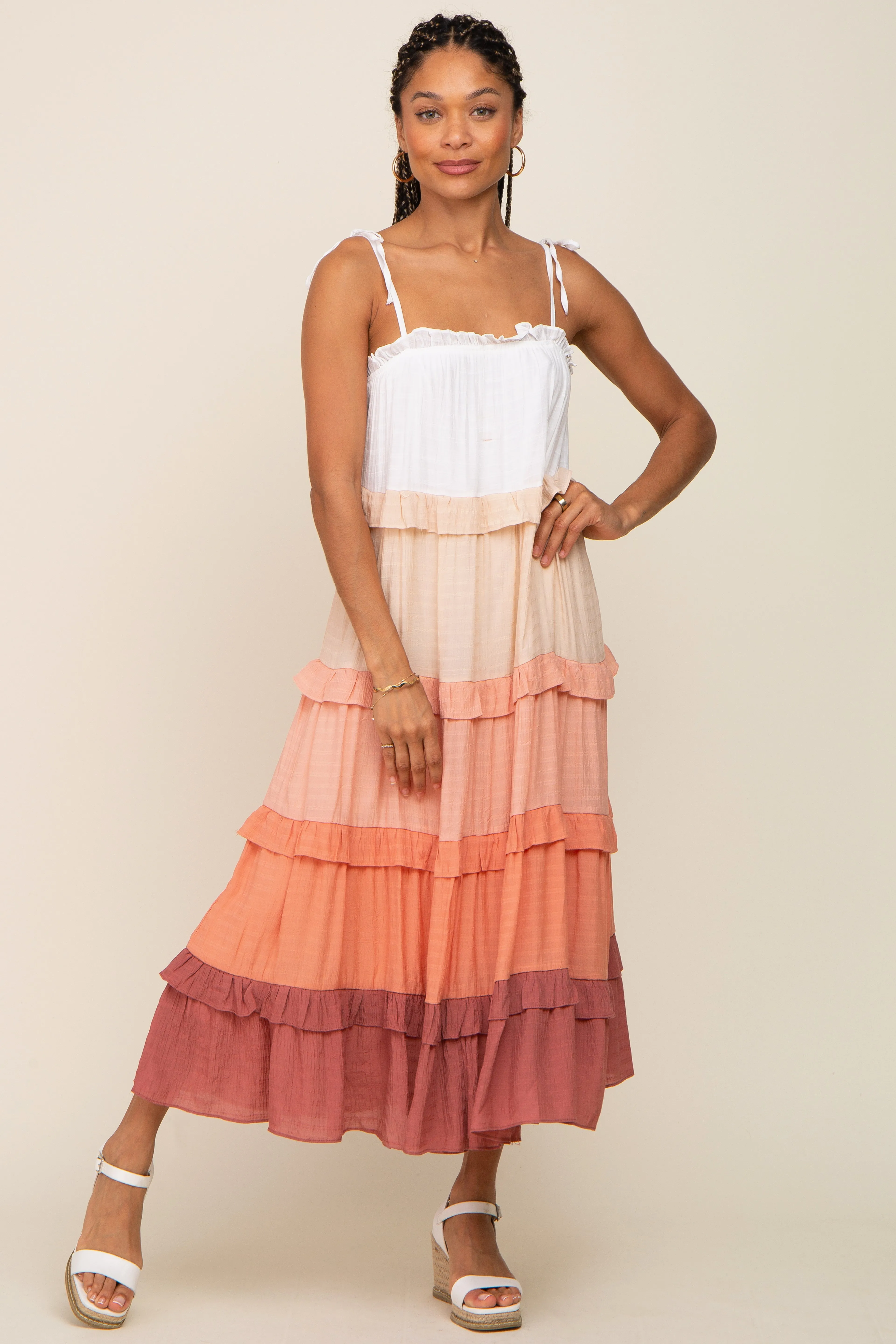 Peach Ombre Ruffle Tiered Shoulder Tie Midi Dress sold by Pinkblush product image thumbnail 4