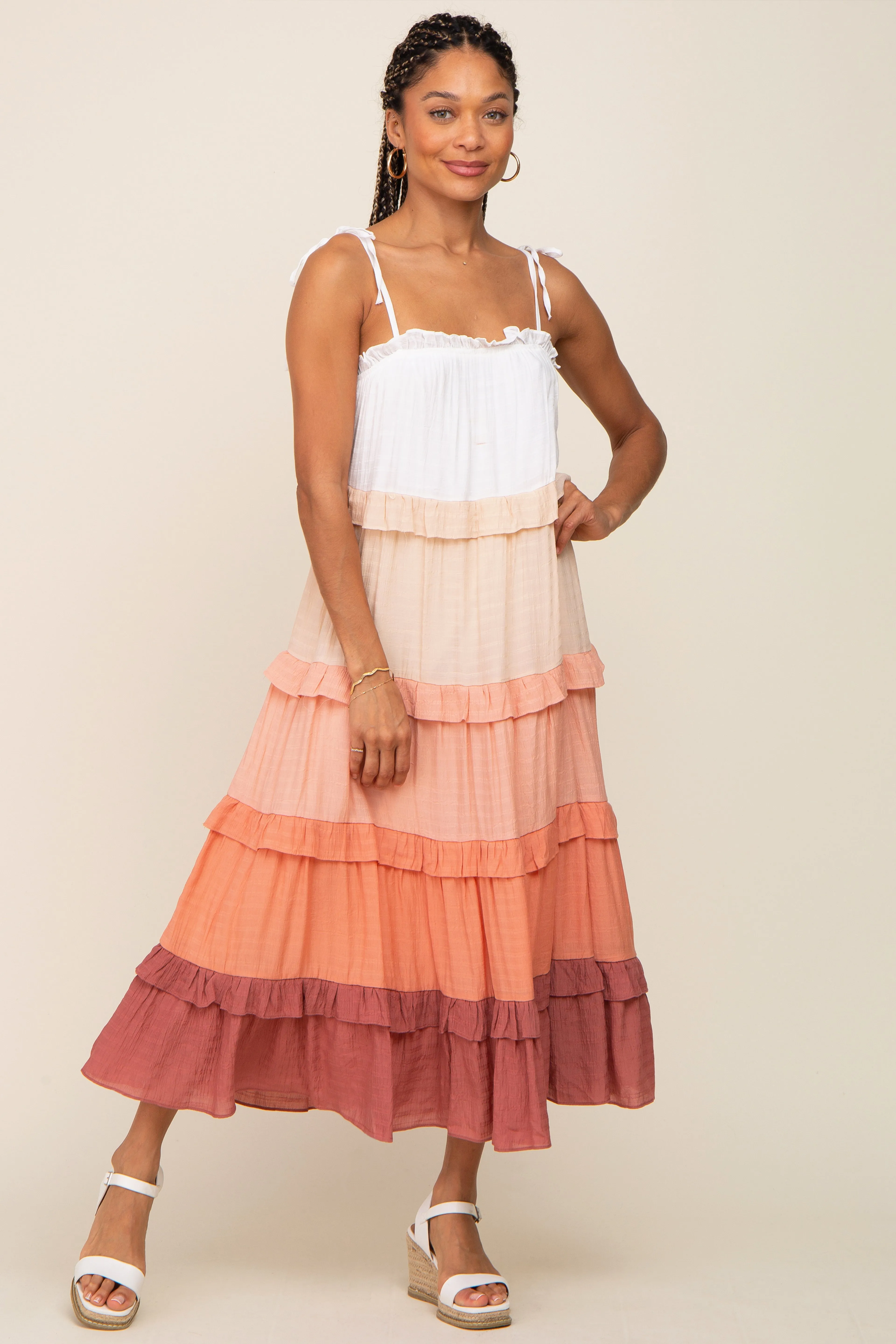 Peach Ombre Ruffle Tiered Shoulder Tie Midi Dress sold by Pinkblush