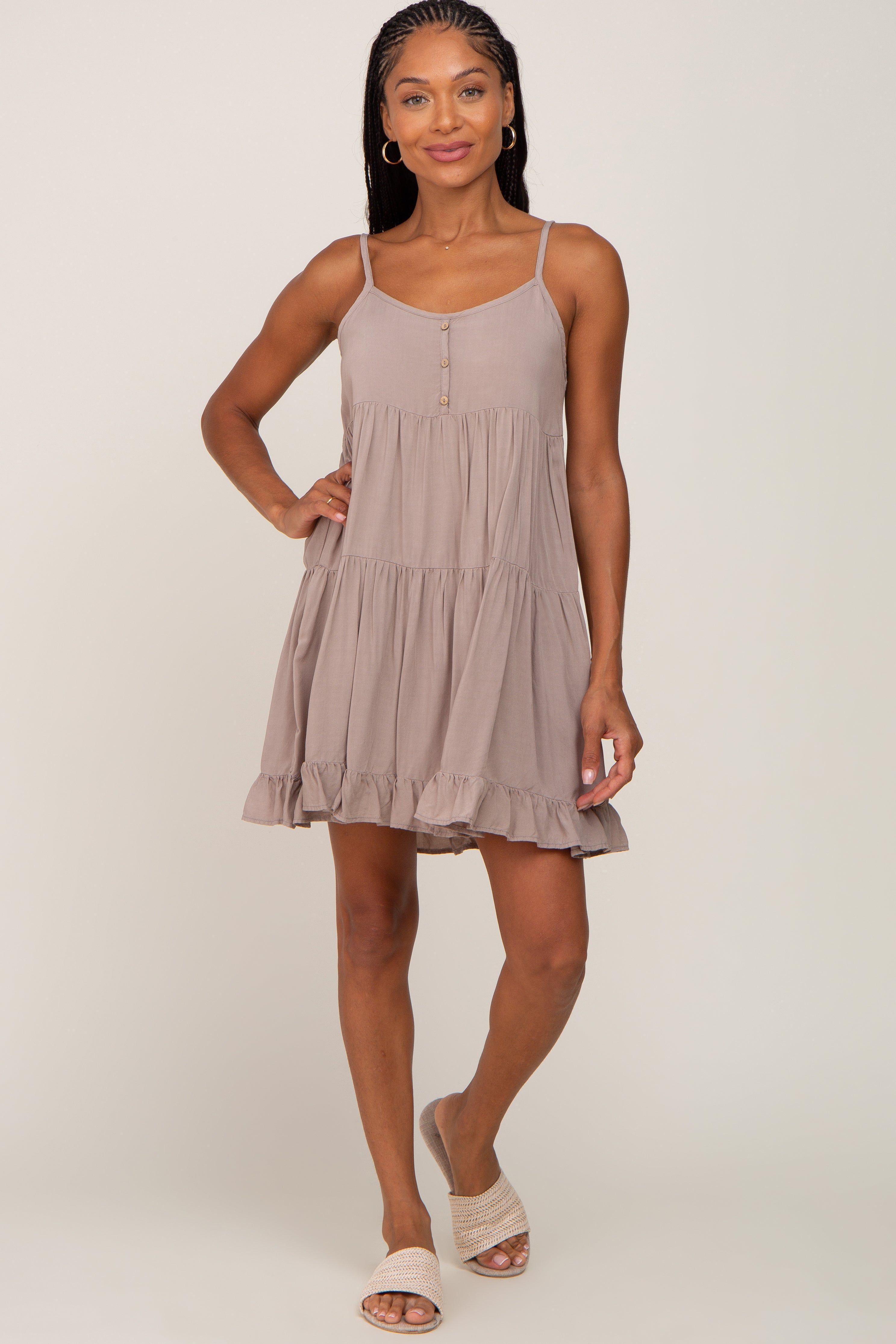 Mocha Button Accent Tiered Mini Dress sold by Pinkblush product image thumbnail 4