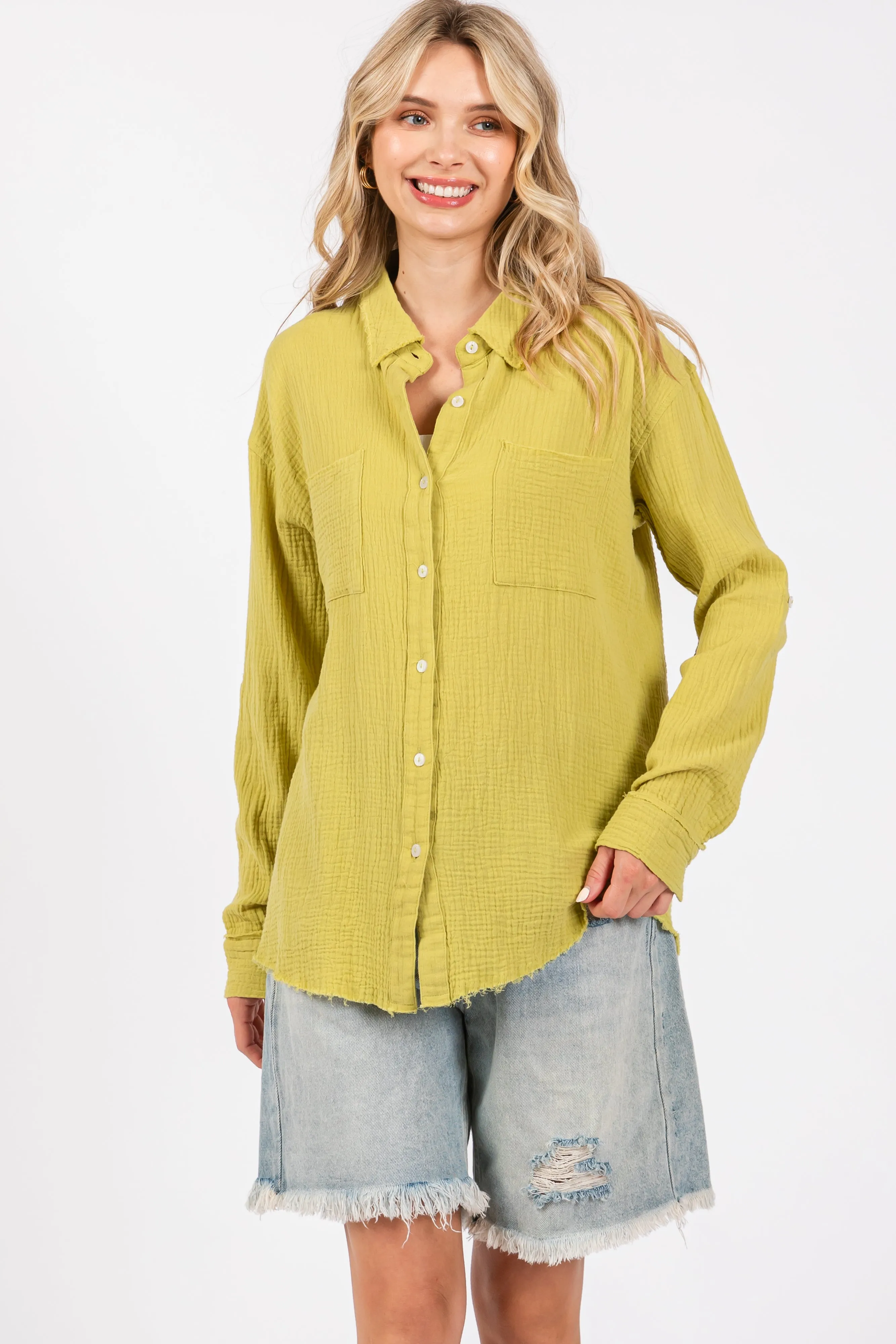 Lime Front Pocket Fringe Hem Button Up Shirt sold by Pinkblush