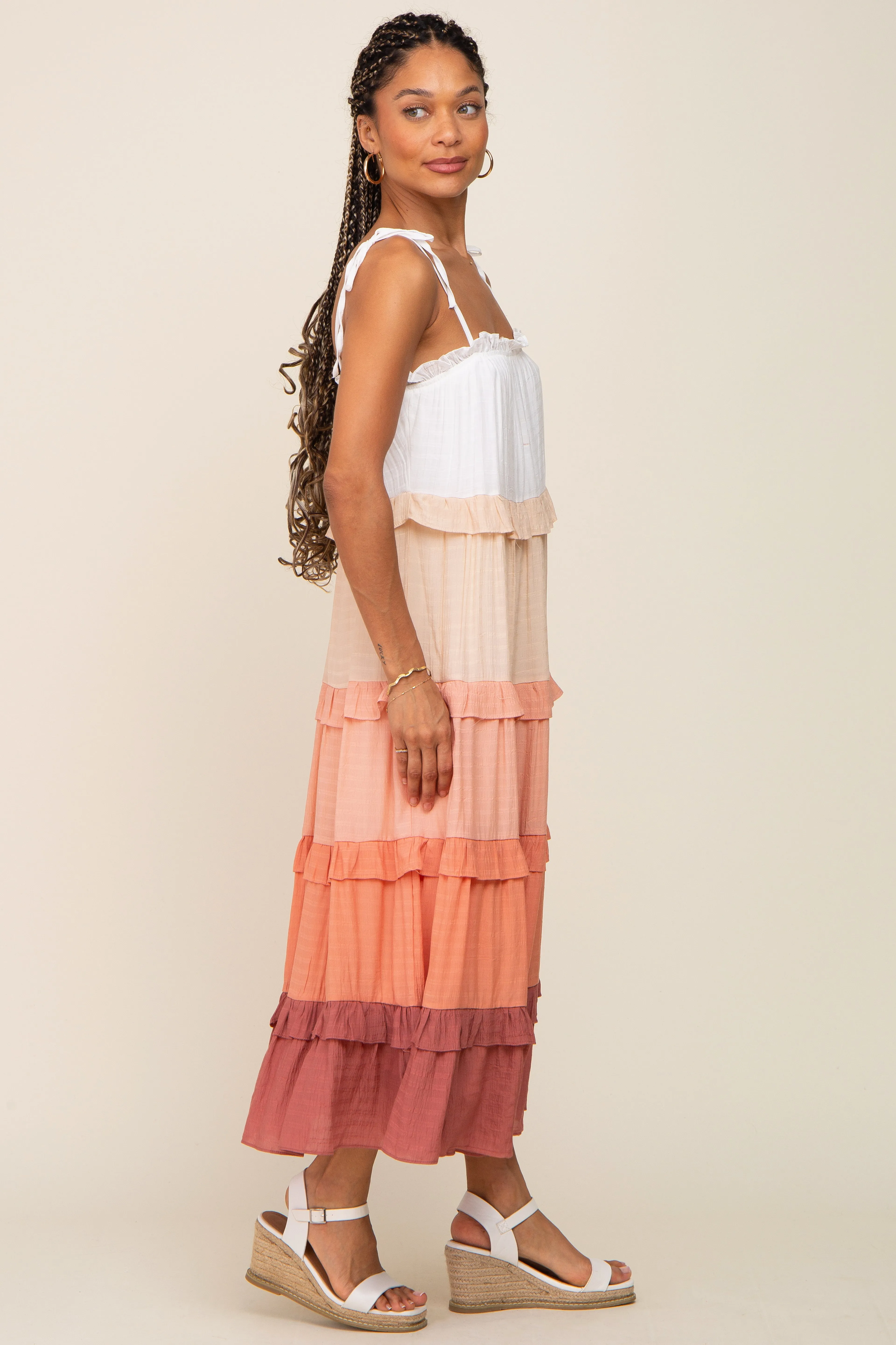 Peach Ombre Ruffle Tiered Shoulder Tie Midi Dress sold by Pinkblush product image thumbnail 2