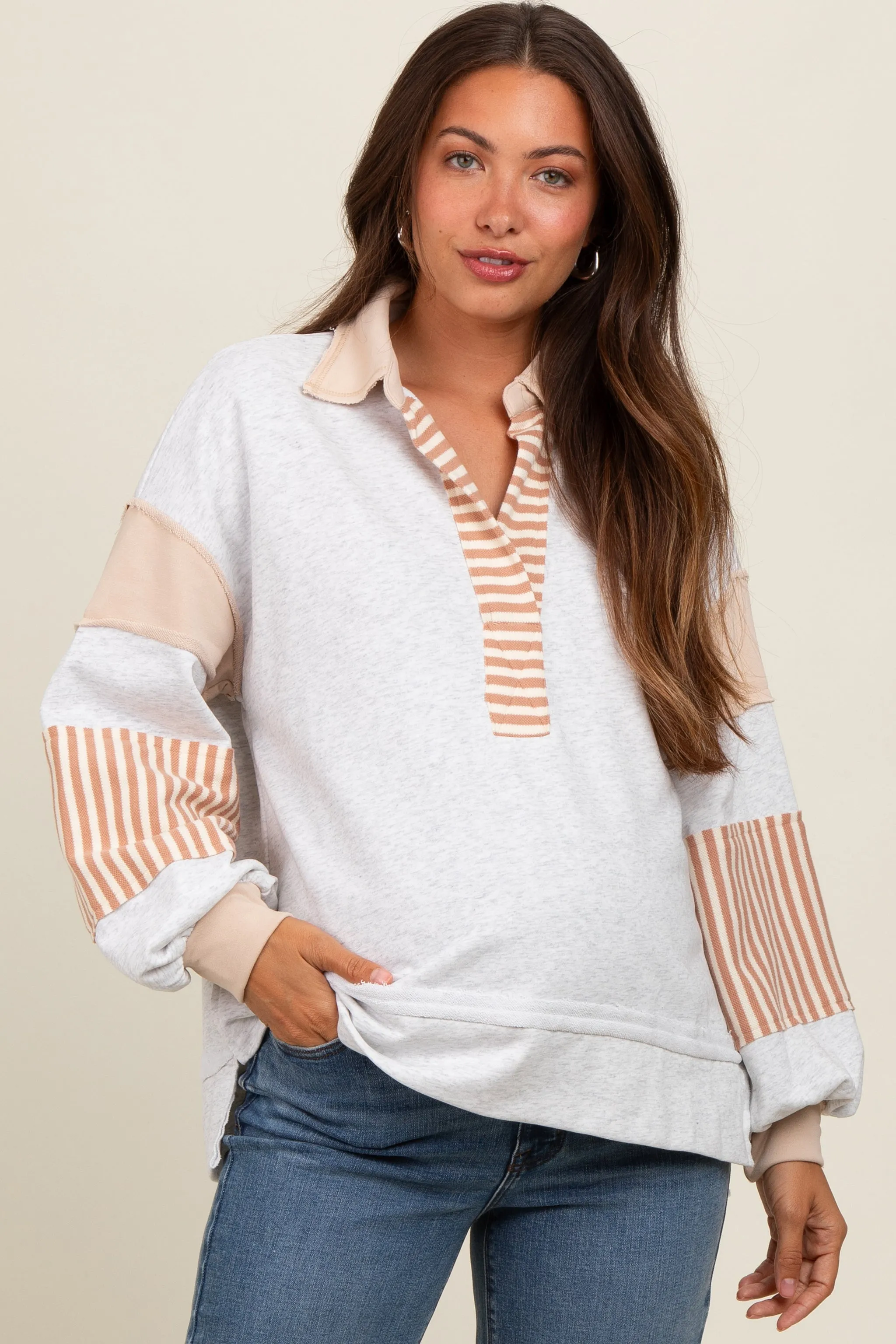 Heather Grey Colorblock Striped Maternity Long Sleeve Top sold by Pinkblush