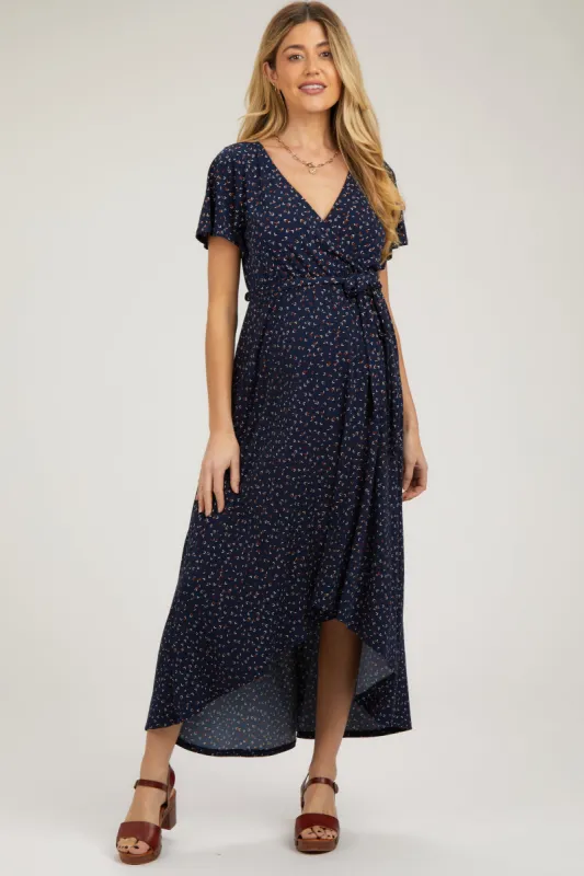 Navy Blue Wrap Front V-Neck Hi-Low Maternity Midi Dress sold by Pinkblush