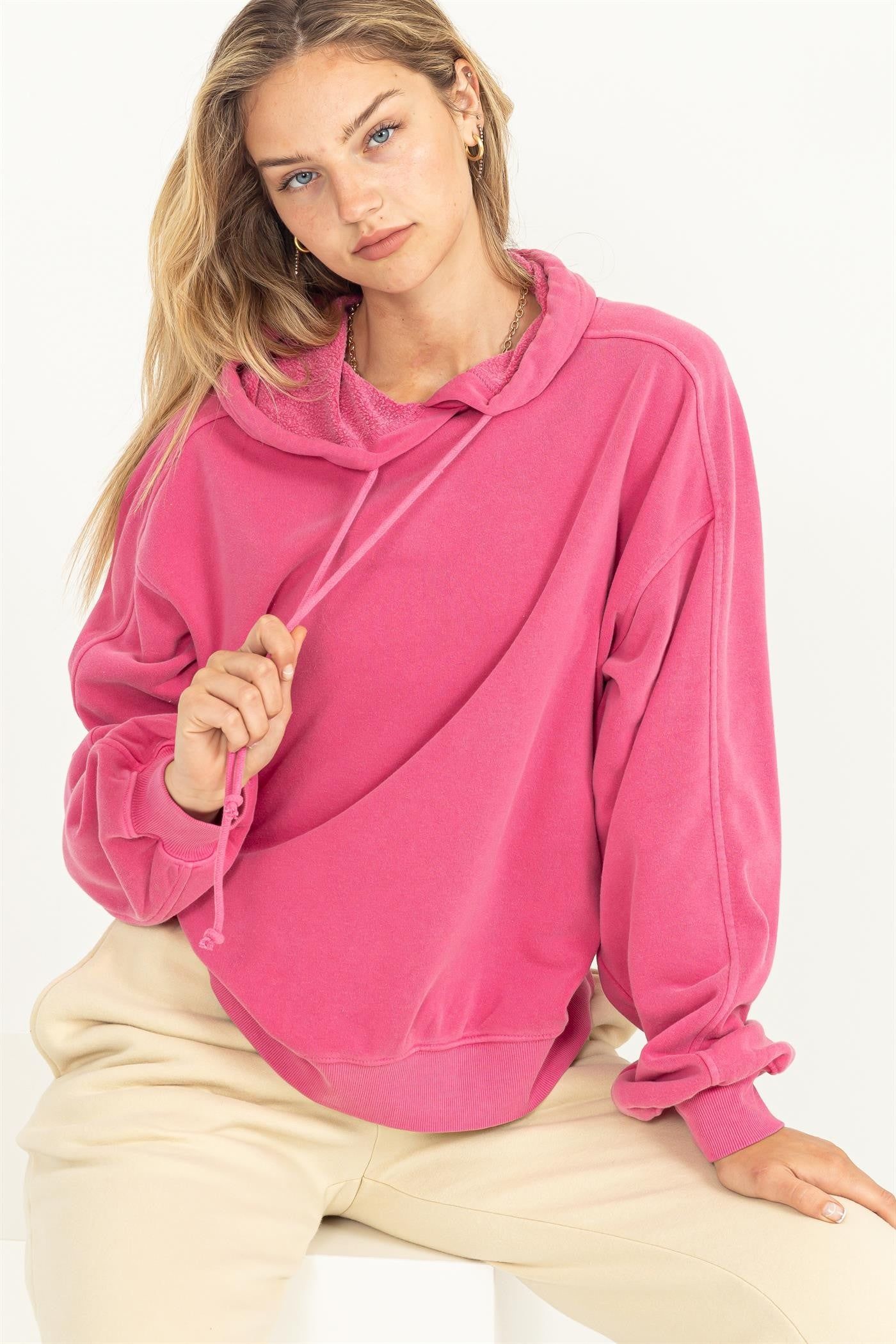 Fuchsia Faded Wash Drawstring Hoodie sold by Pinkblush