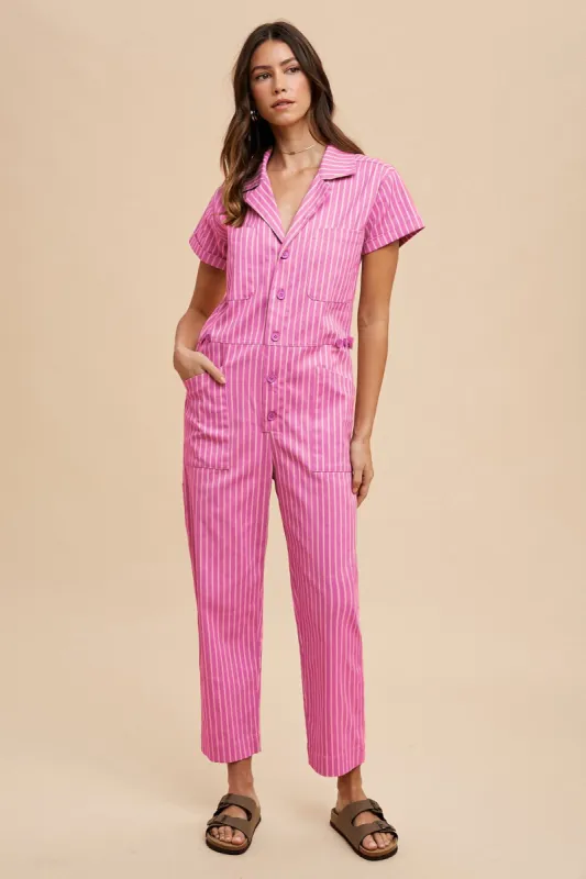 Hot Pink Stripe Twill Denim Utility Jumpsuit sold by Pinkblush