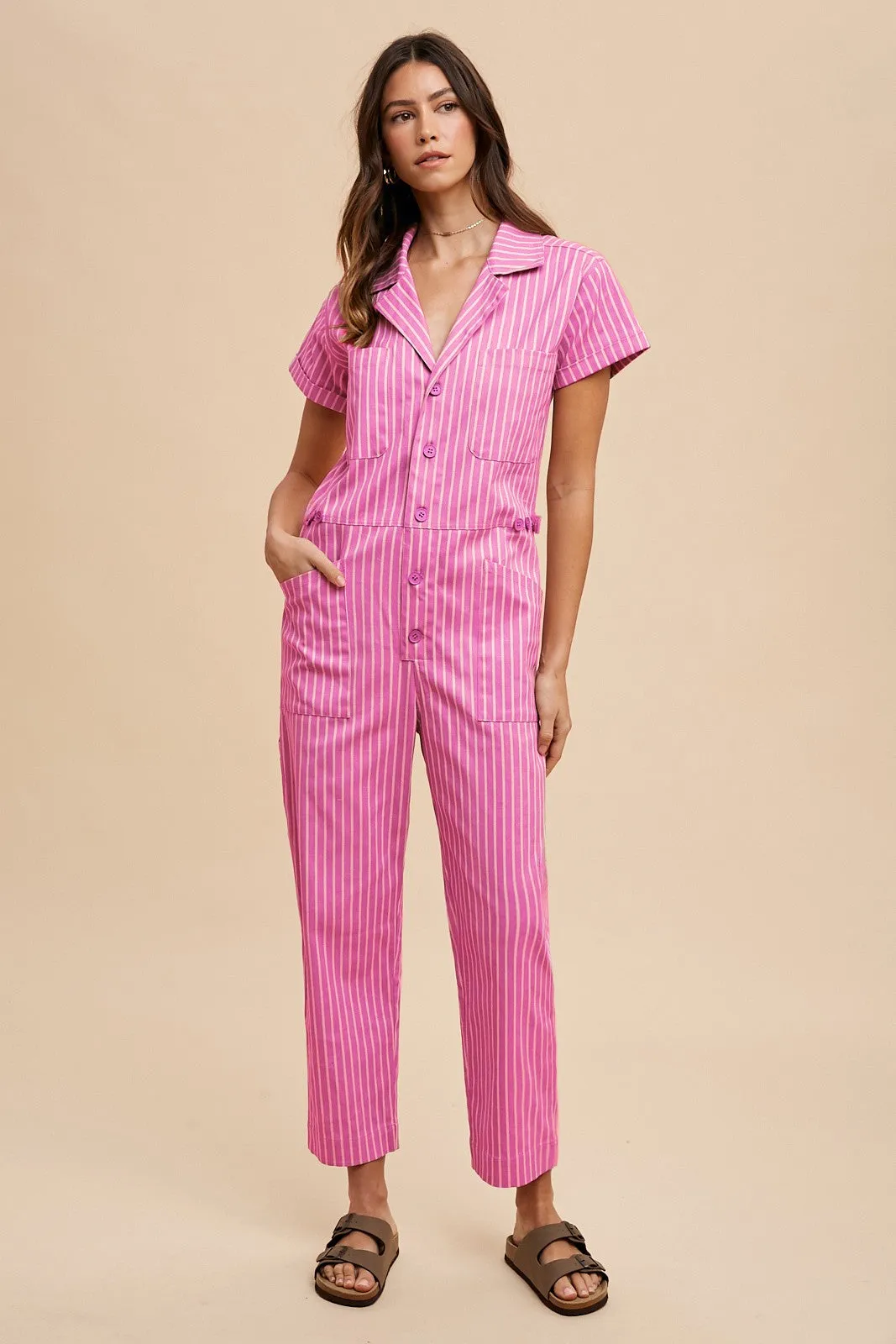Hot Pink Stripe Twill Denim Utility Jumpsuit sold by Pinkblush