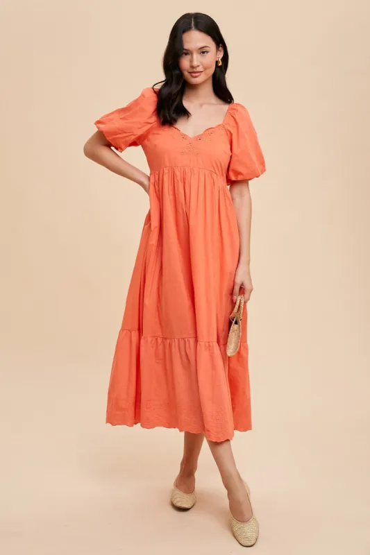 Coral Eyelet Scalloped V-Neck Short Puff Sleeve Midi Dress sold by Pinkblush