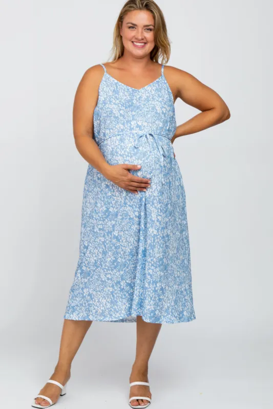 Blue Floral Pleated Maternity Plus Midi Dress sold by Pinkblush