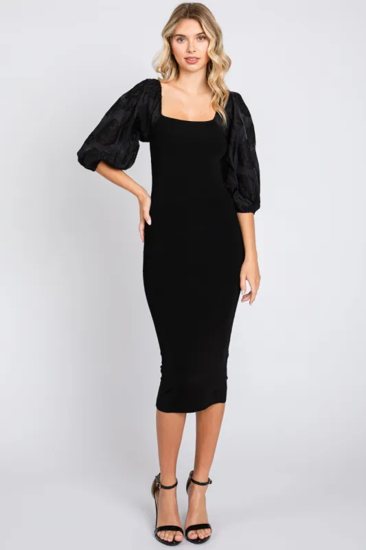 Black Floral Puff Sleeve Midi Dress sold by Pinkblush