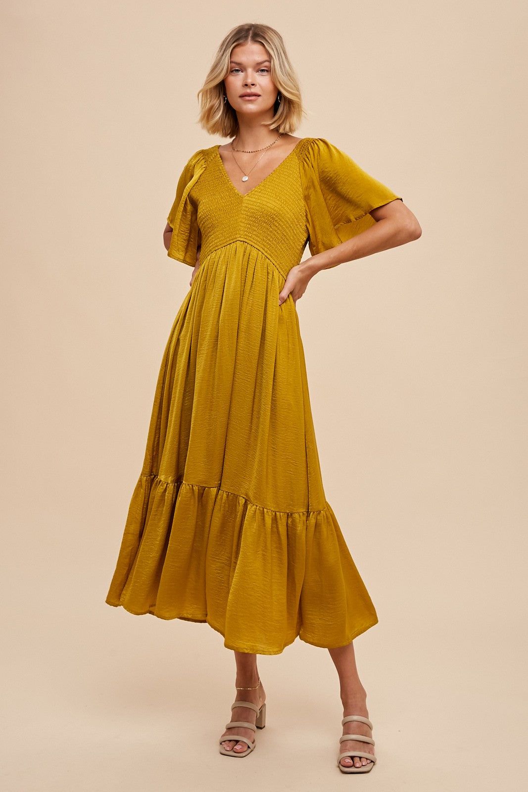 Gold Satin Smocked Midi Dress sold by Pinkblush product image thumbnail 2