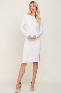 White Ribbed Basic Long Sleeve Midi Dress sold by Pinkblush