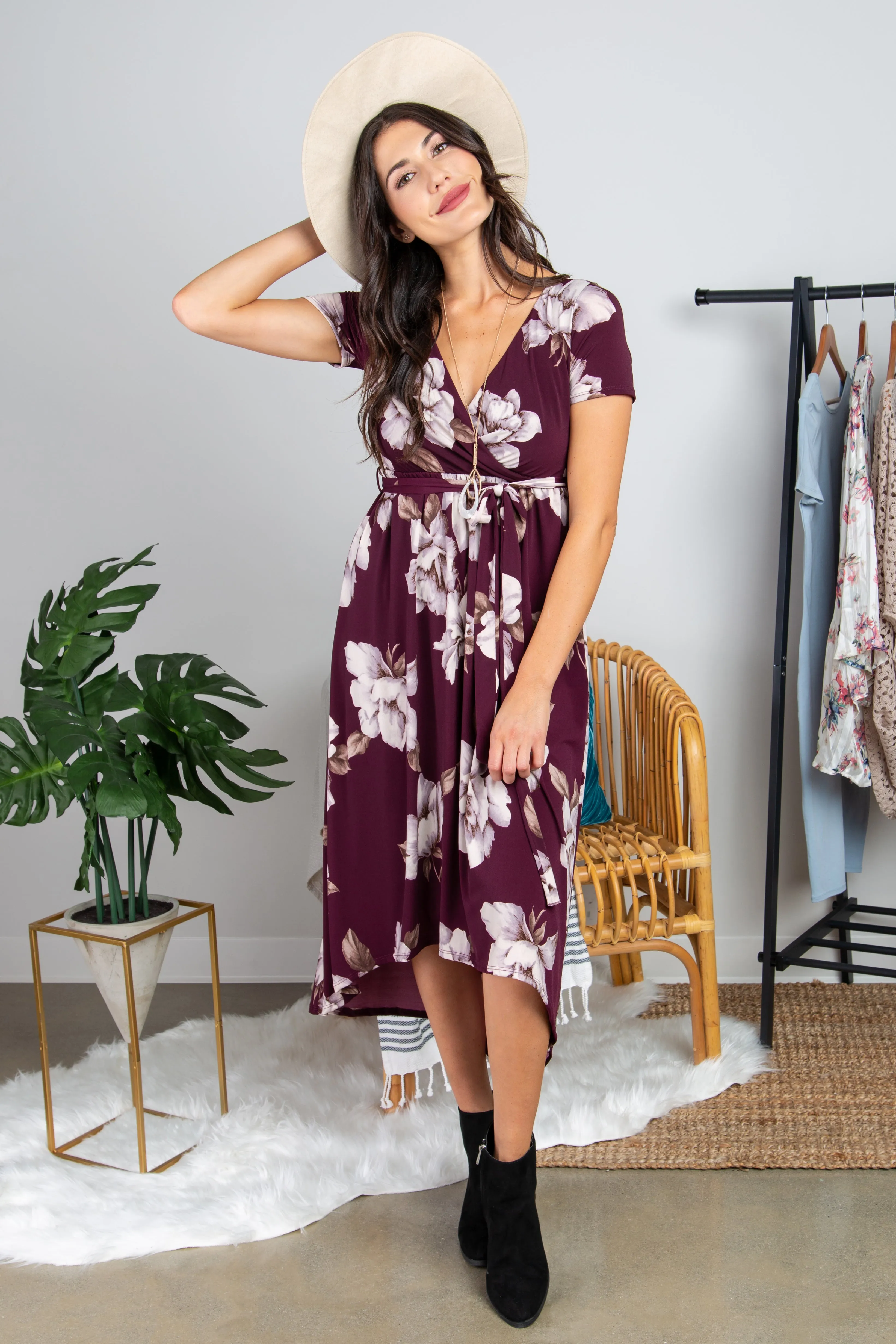 Plum Floral Hi-Low Wrap Dress sold by Pinkblush product image thumbnail 4