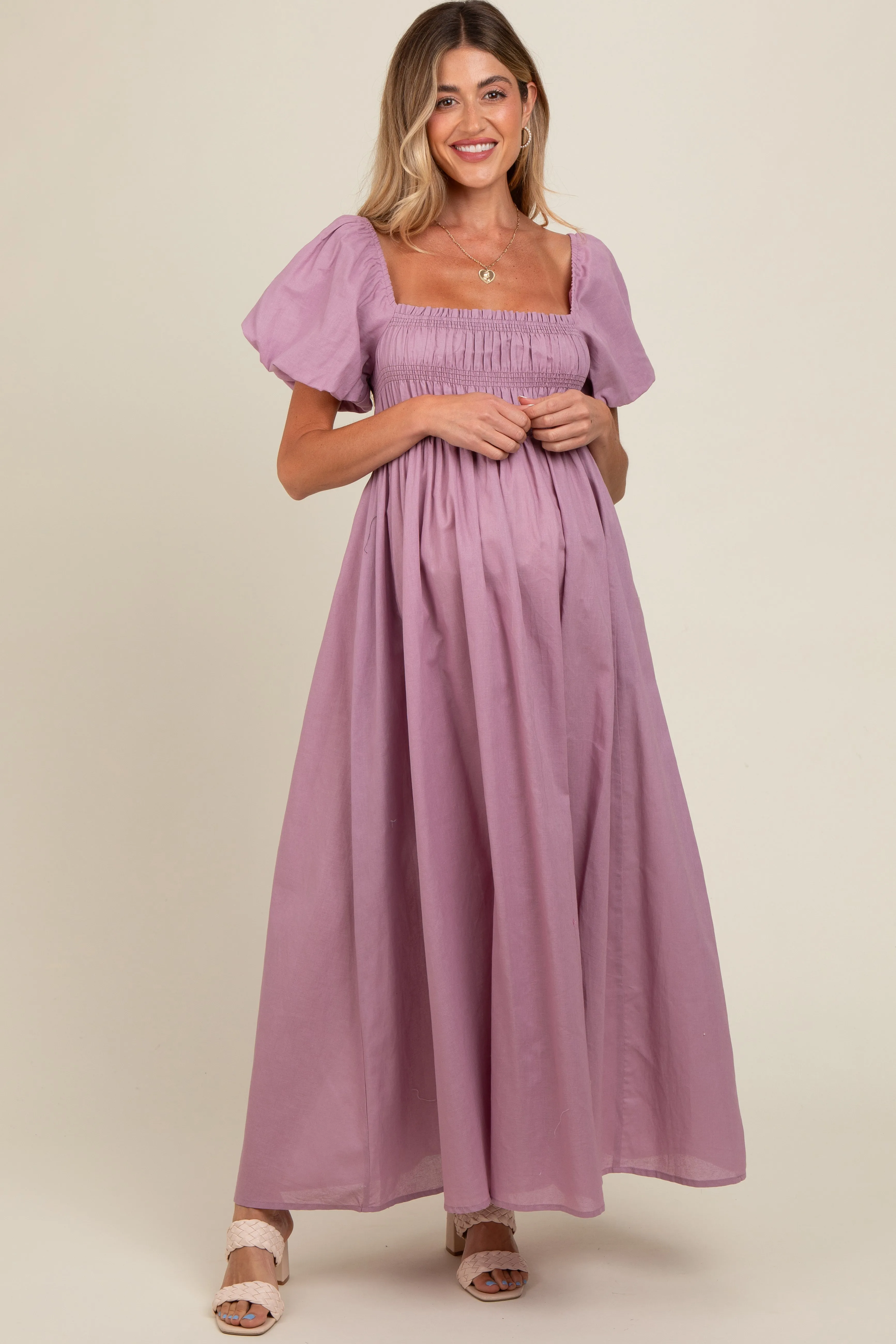 Mauve Puff Sleeve Smocked Maternity Maxi Dress sold by Pinkblush