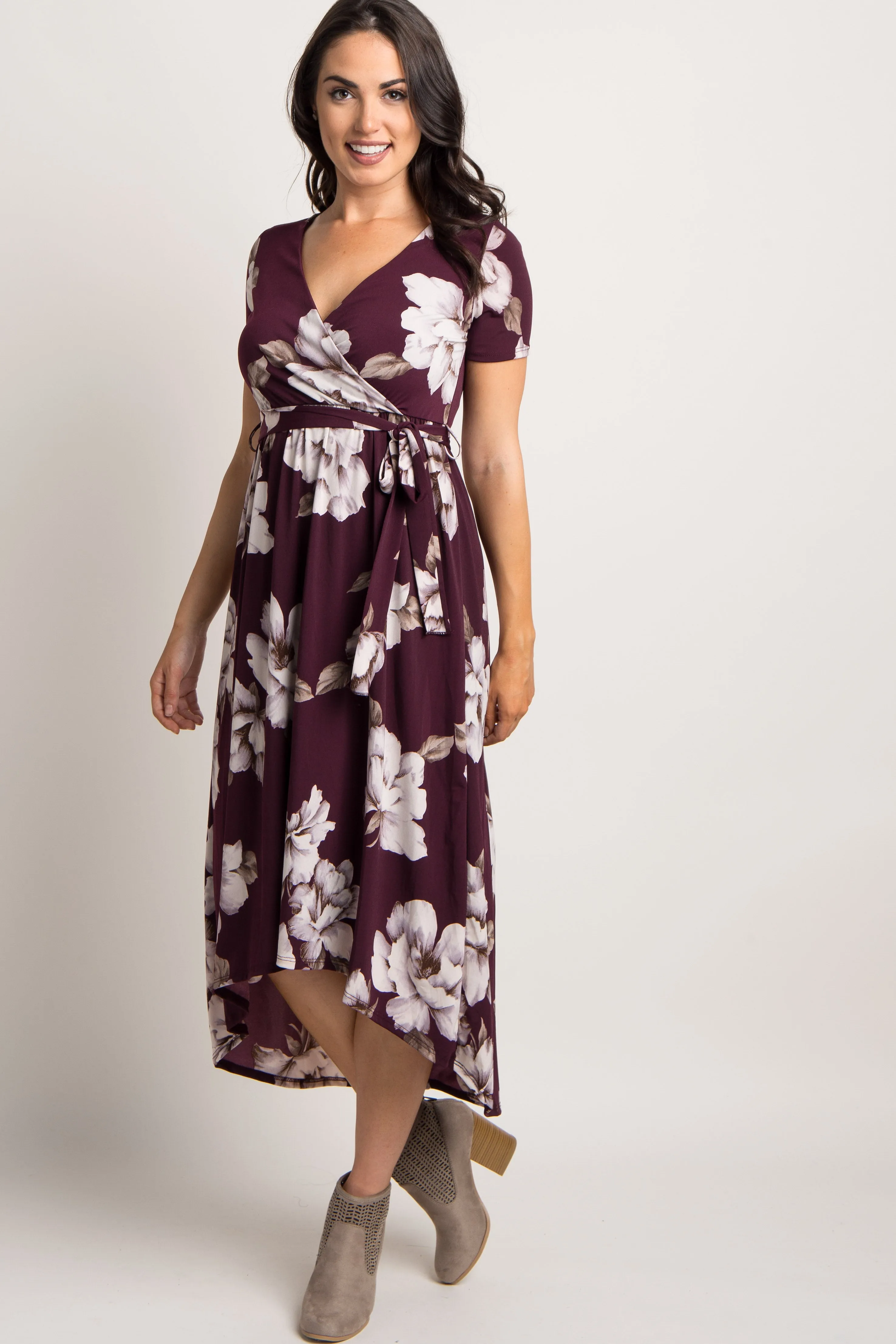 Plum Floral Hi-Low Wrap Dress sold by Pinkblush