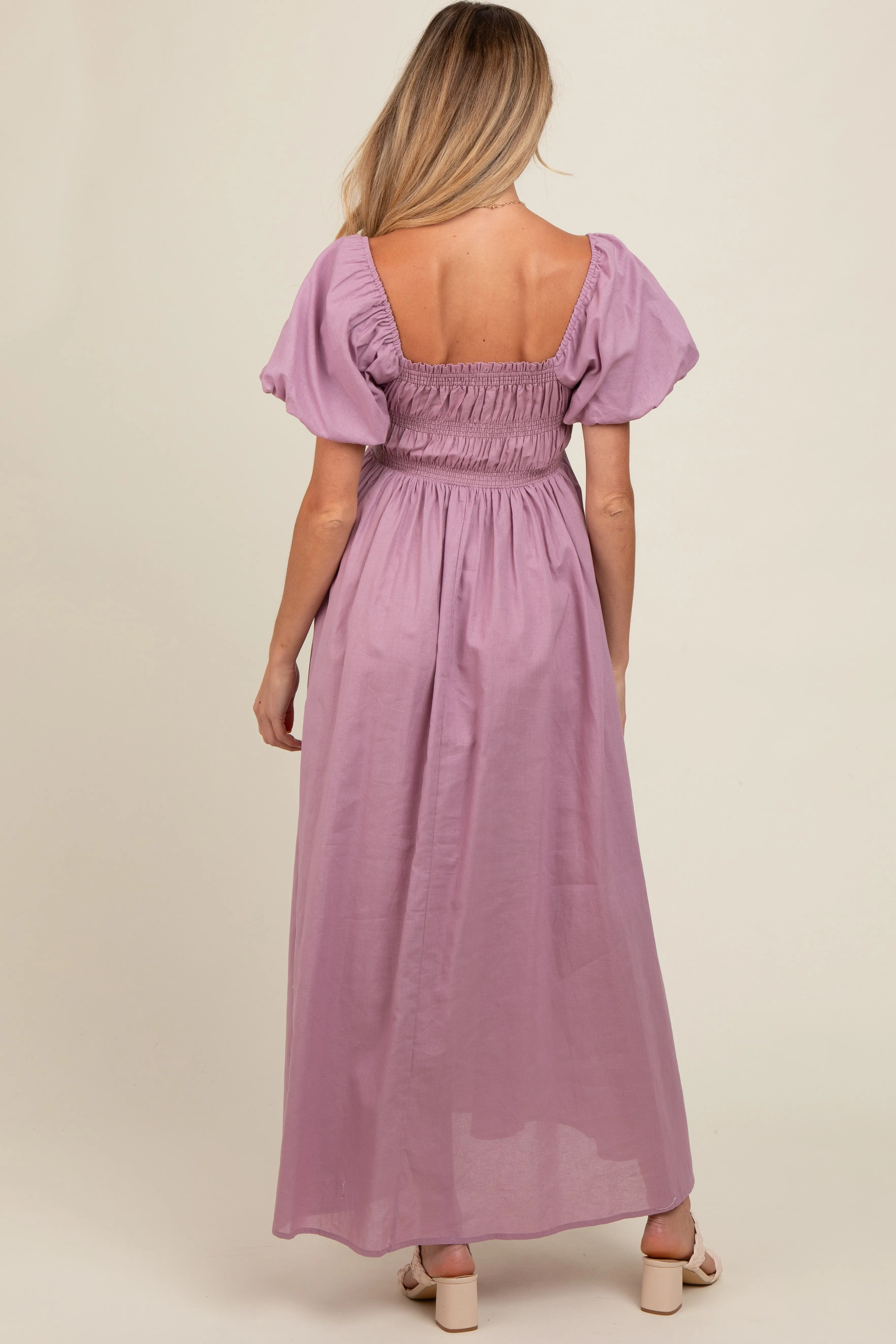 Mauve Puff Sleeve Smocked Maternity Maxi Dress sold by Pinkblush product image thumbnail 2