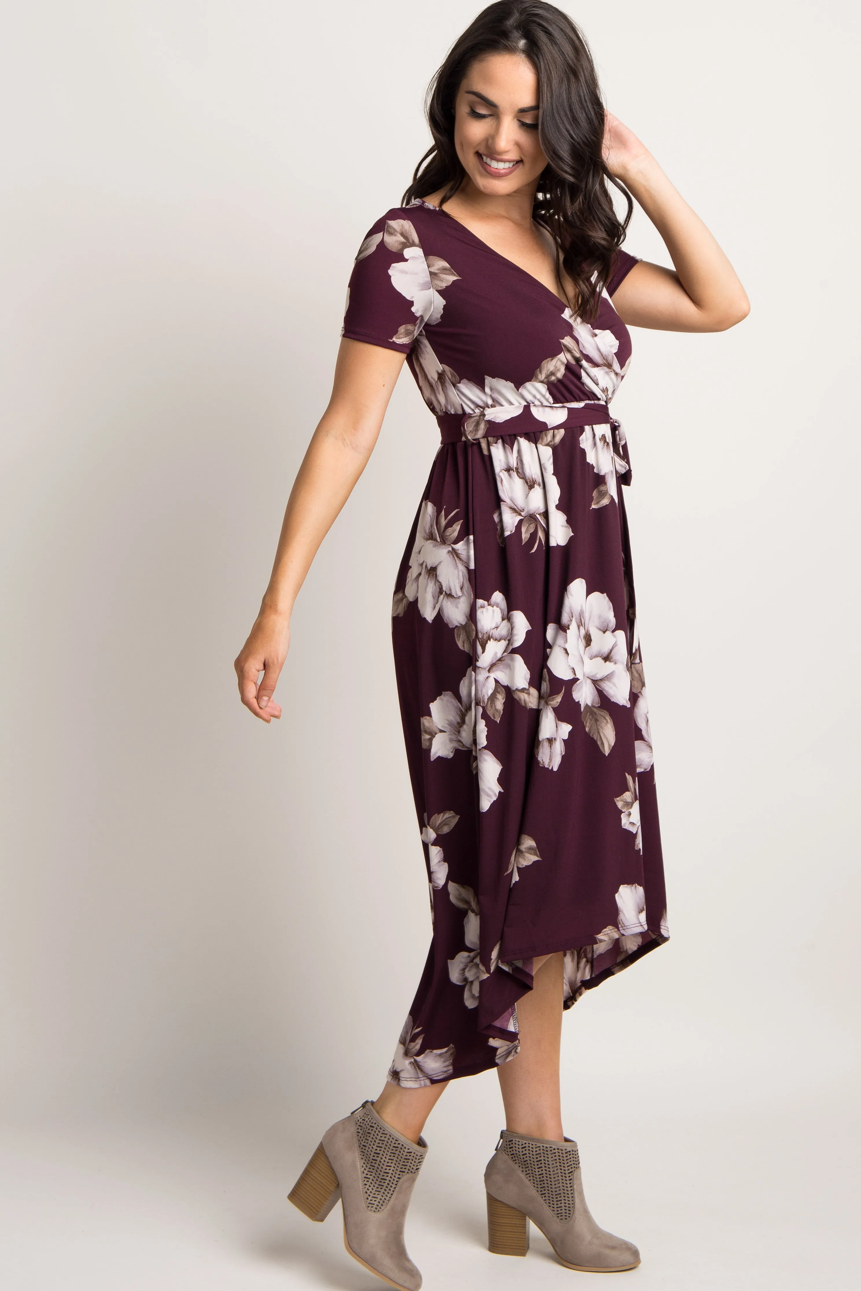 Plum Floral Hi-Low Wrap Dress sold by Pinkblush product image thumbnail 2
