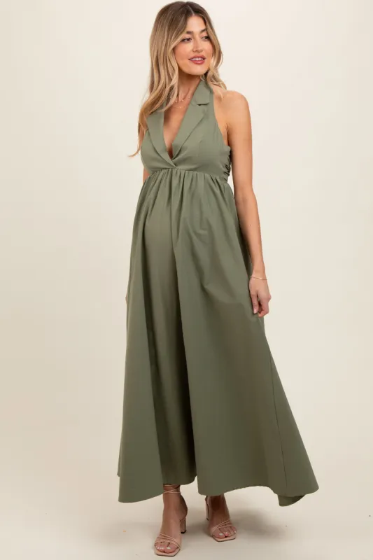 Light Olive Collared Halter Back Tie Maternity Maxi Dress sold by Pinkblush