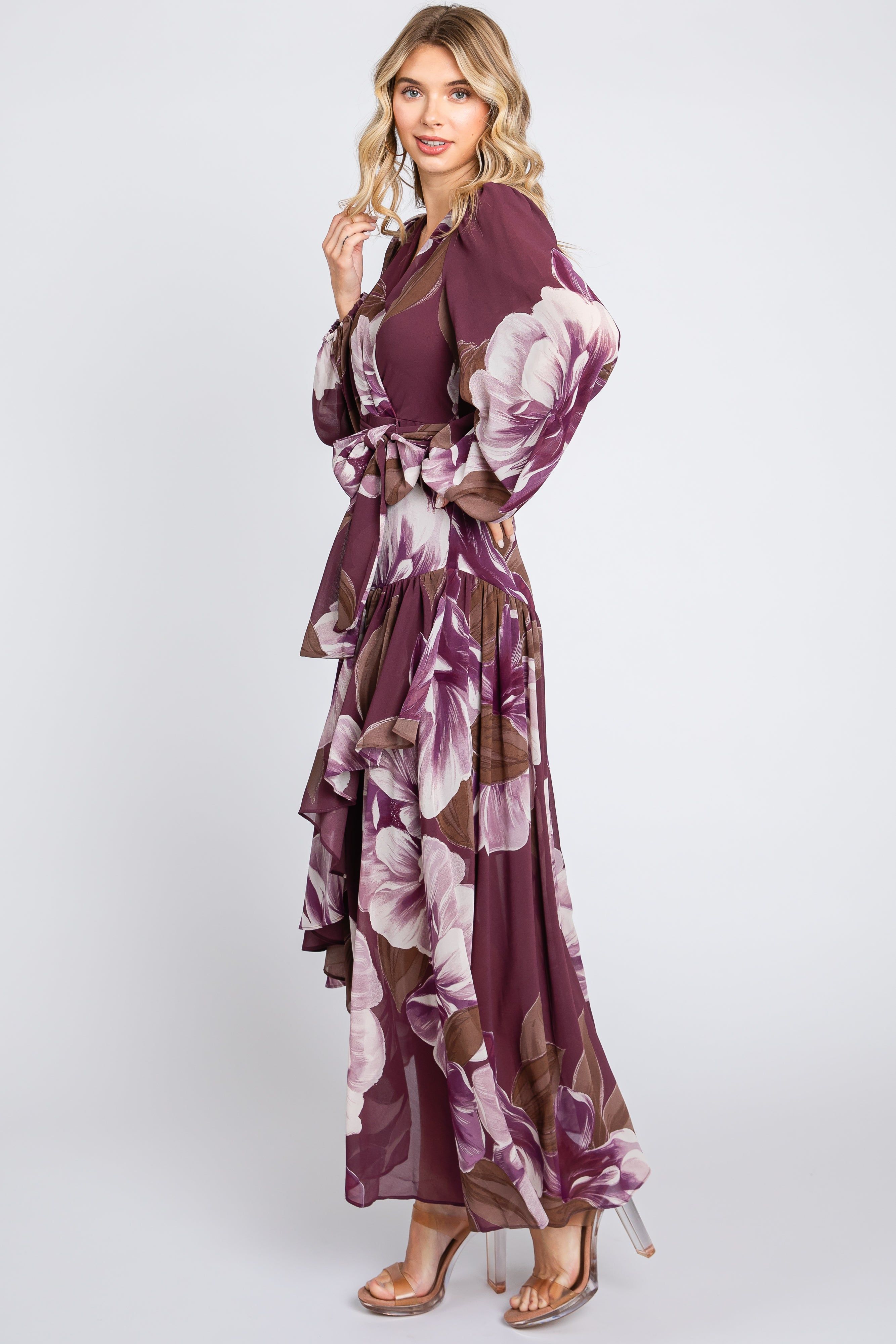 Plum Floral Chiffon Wrap Front Ruffle Midi Dress sold by Pinkblush product image thumbnail 2