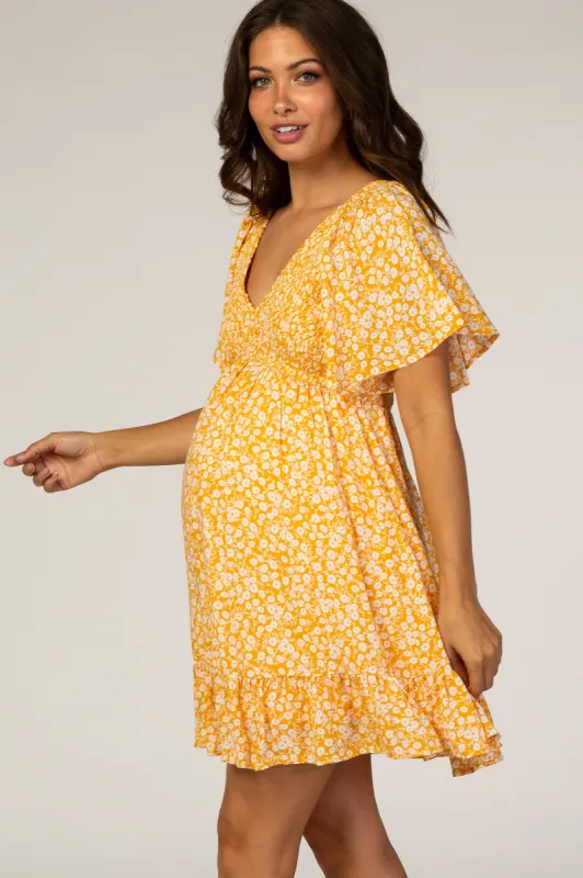 Yellow Floral Smocked Ruffle Maternity Dress sold by Pinkblush