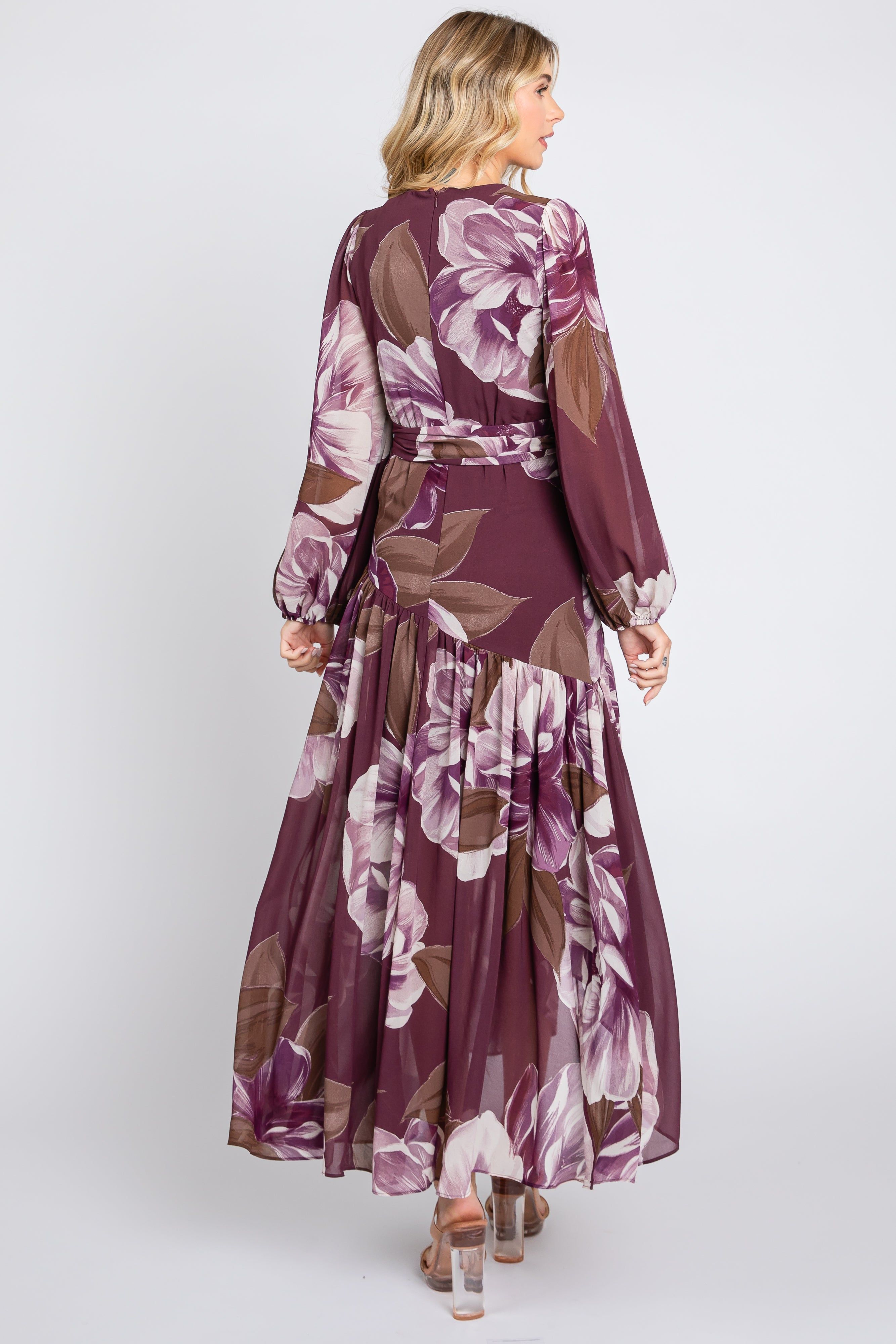 Plum Floral Chiffon Wrap Front Ruffle Midi Dress sold by Pinkblush product image thumbnail 3