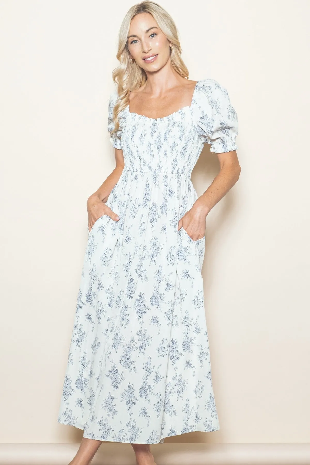 Ivory Floral Smocked Sweetheart Neckline Midi Dress sold by Pinkblush