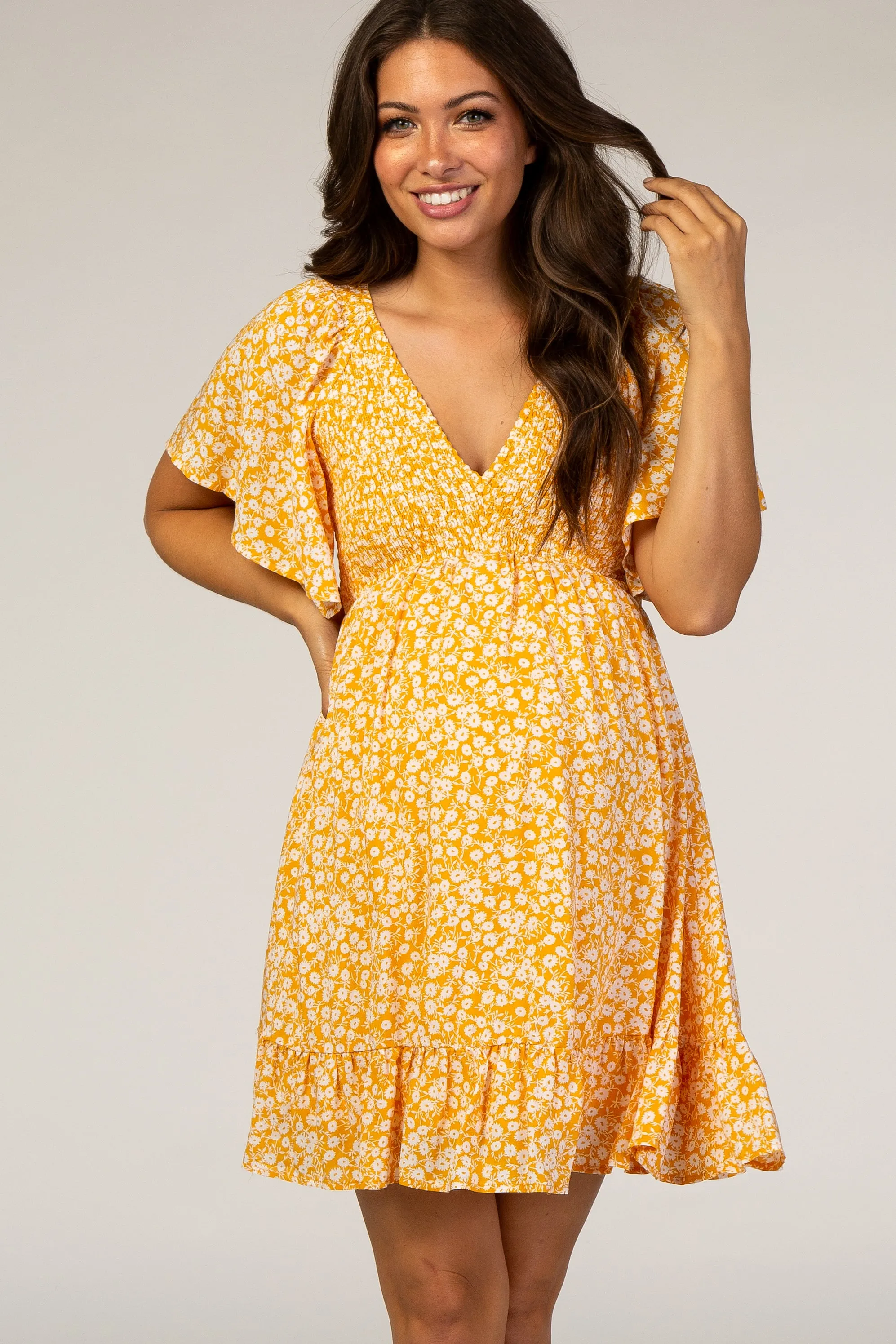 Yellow Floral Smocked Ruffle Maternity Dress sold by Pinkblush product image thumbnail 2