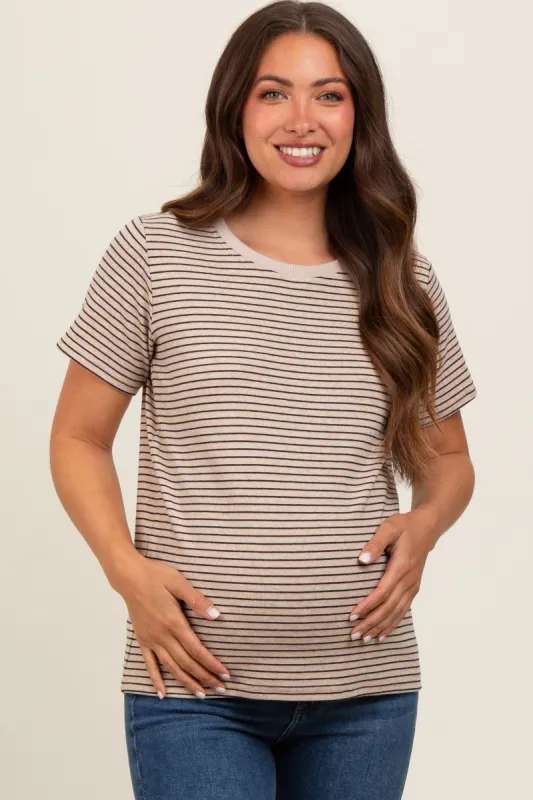 Beige Striped Short Sleeve Maternity Top sold by Pinkblush